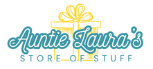 Logo for 'Auntie Laura's Store of Stuff' with a yellow gift box on a white background