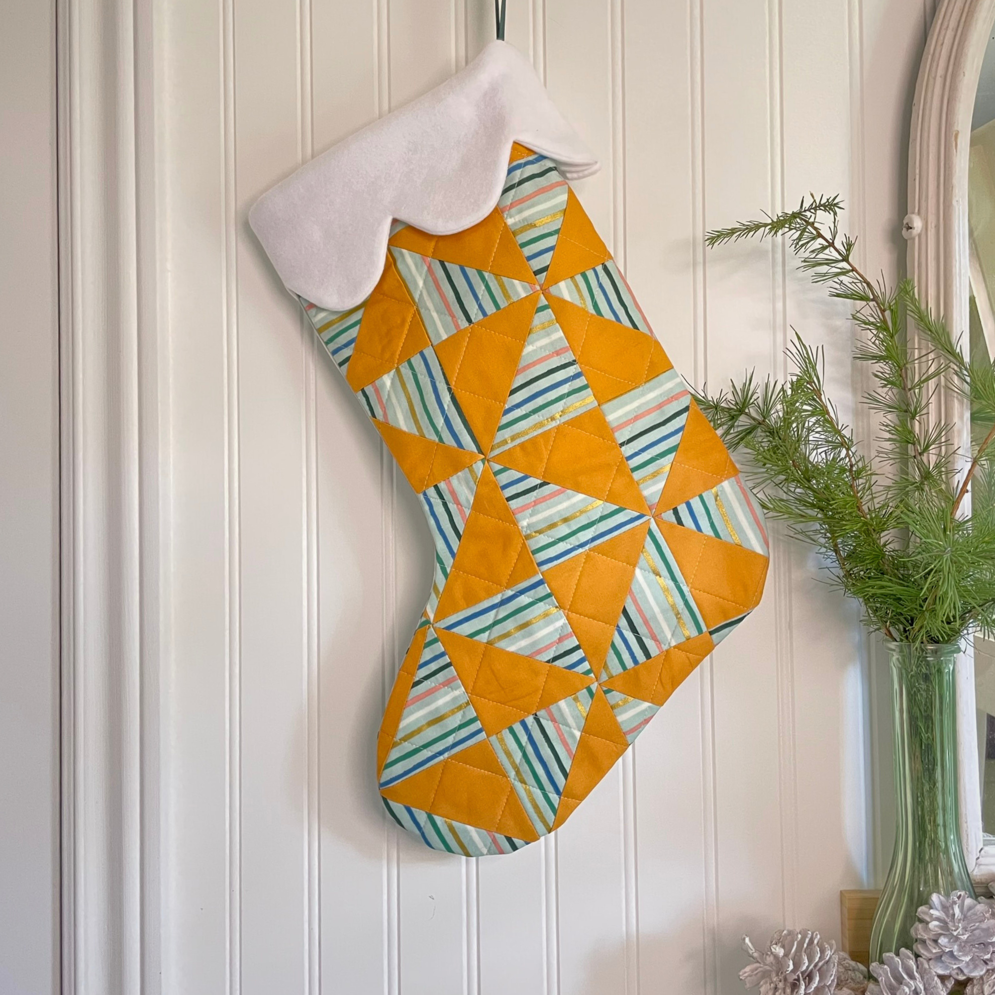 Handmade Christmas Stocking - Metallic Patches Goldenrod
