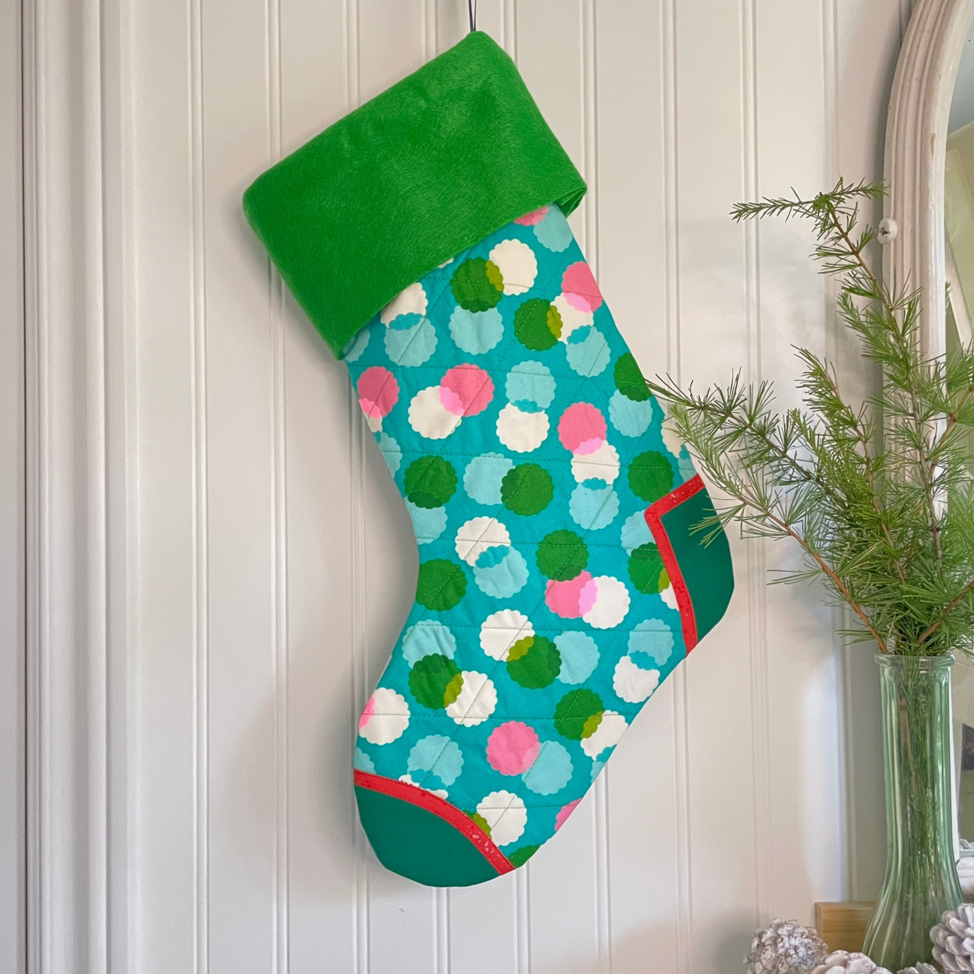 Handmade Christmas Stocking - Green Puffs