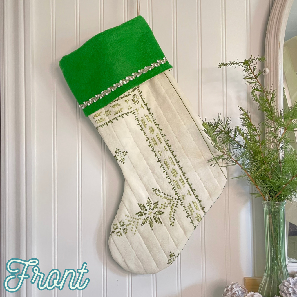 Handmade Christmas Stocking - Vintage Cross-Stitched in Green