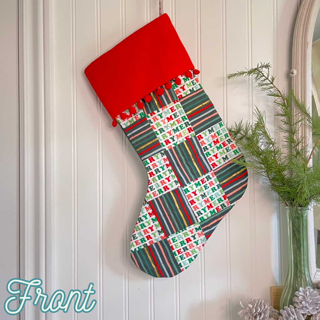 Handmade Christmas Stocking - Metallic Patches Merry
