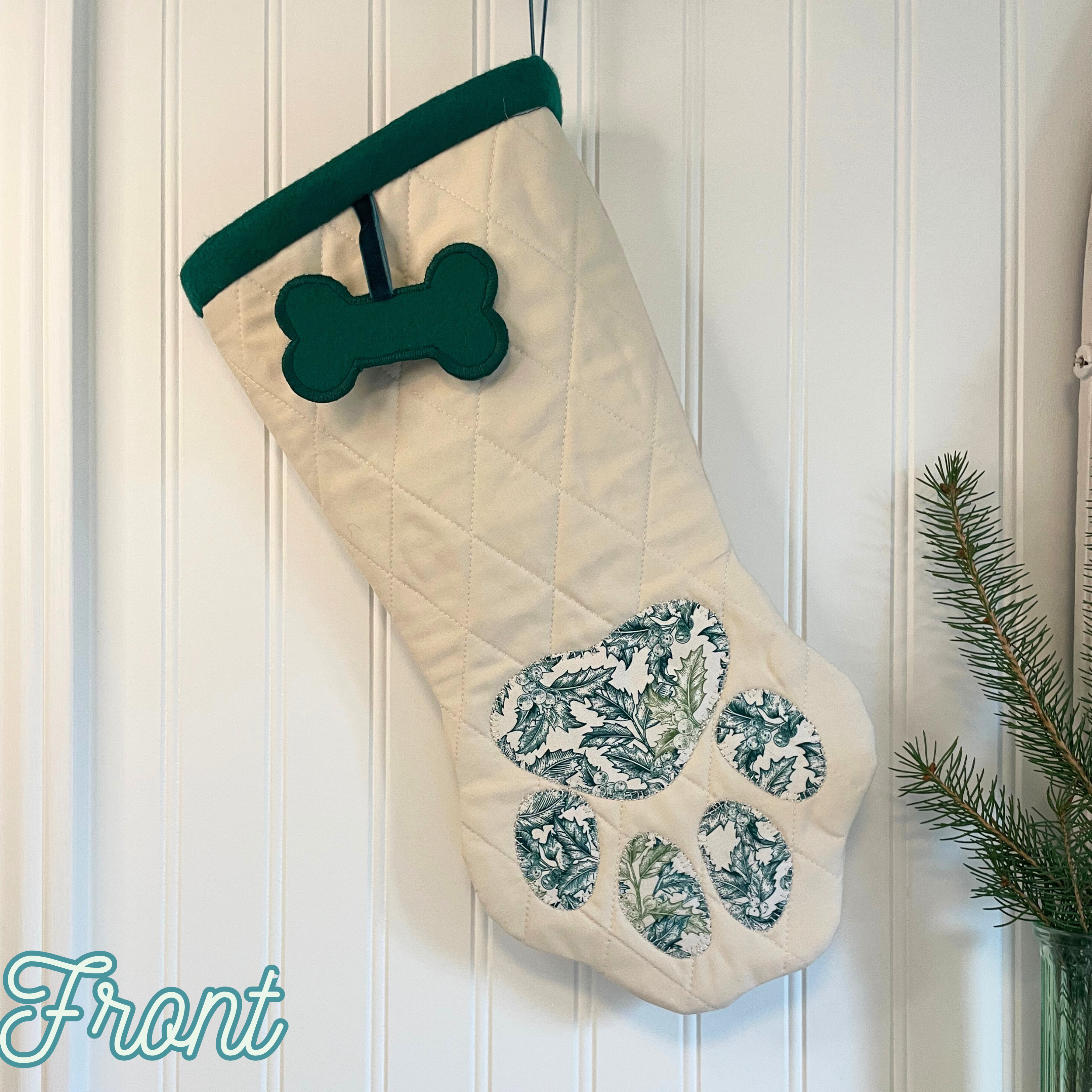 Quilted Patchwork Pet Christmas Stocking - Green Holly