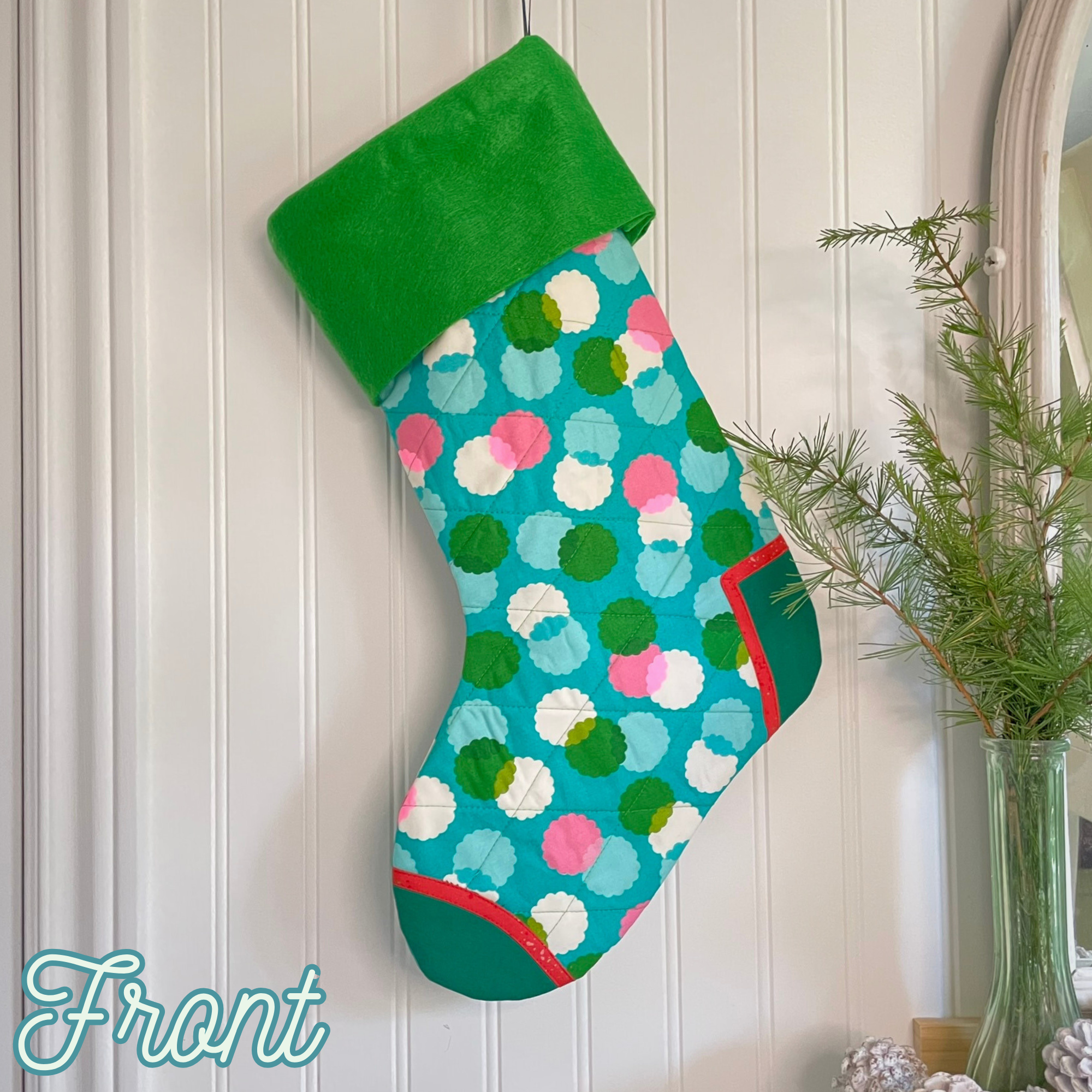 Handmade Christmas Stocking - Green Puffs
