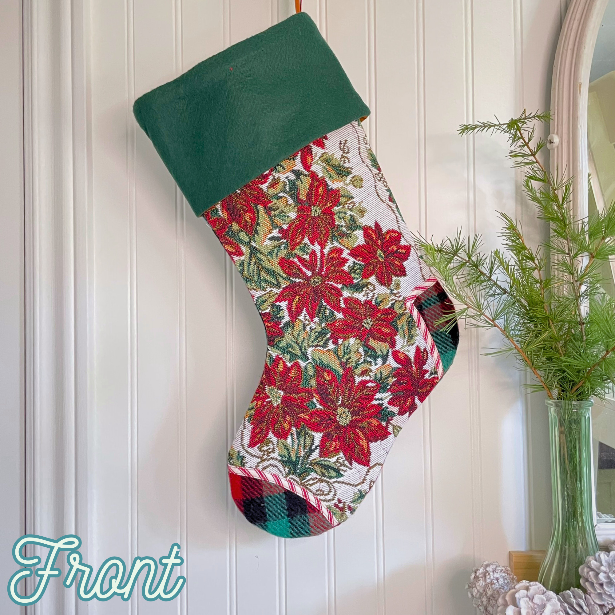 Handmade Christmas Stocking -Vintage Poinsettia & Plaid