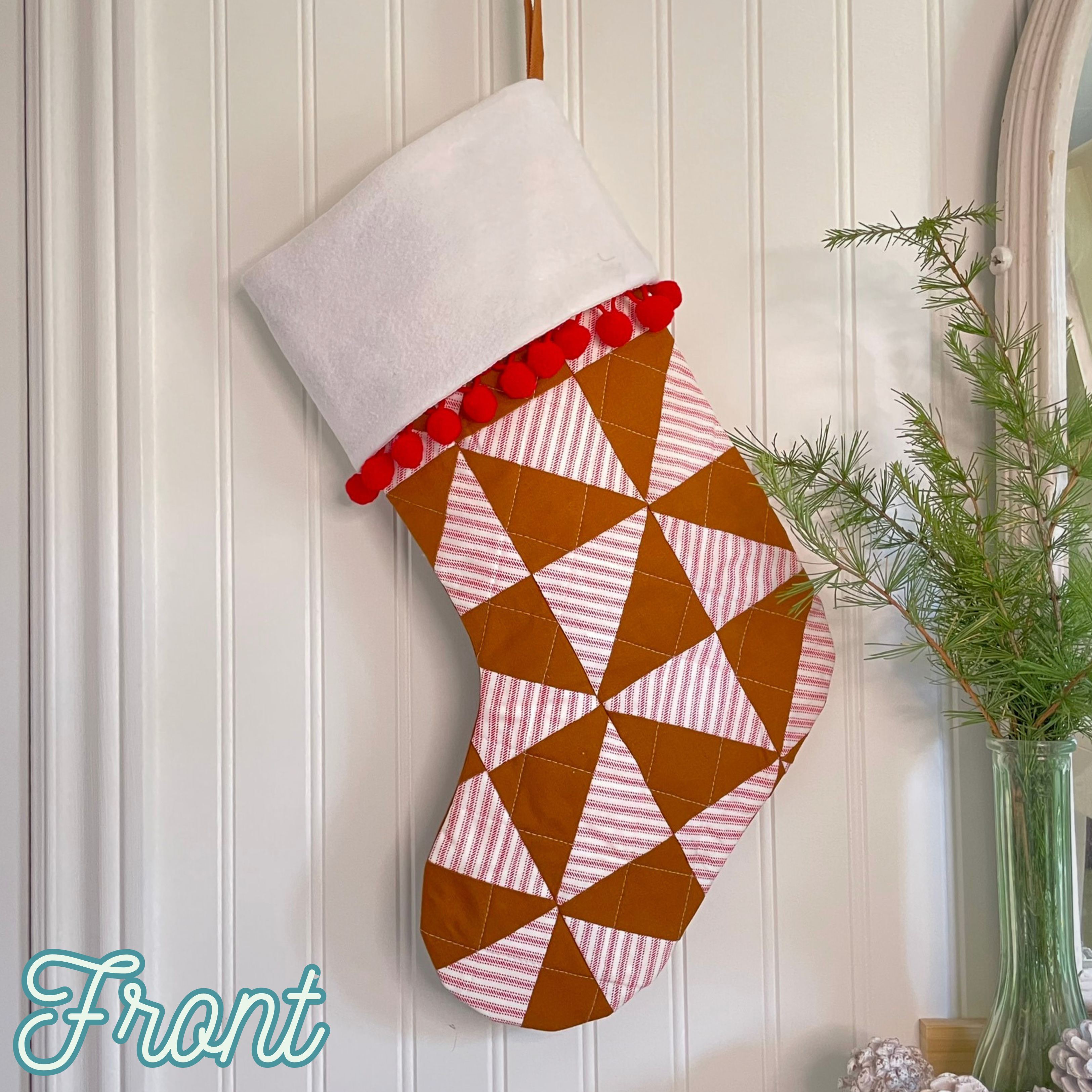Handmade Christmas Stocking - Gingerbread Poms & Stripes