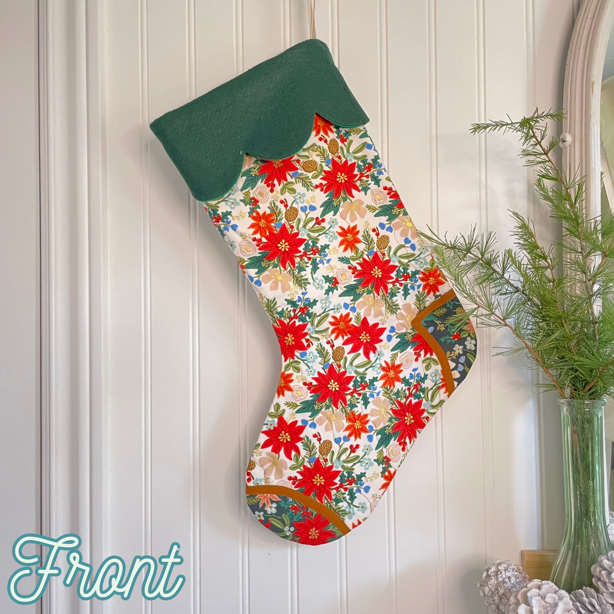 Handmade Christmas Stocking - Poinsettia Light