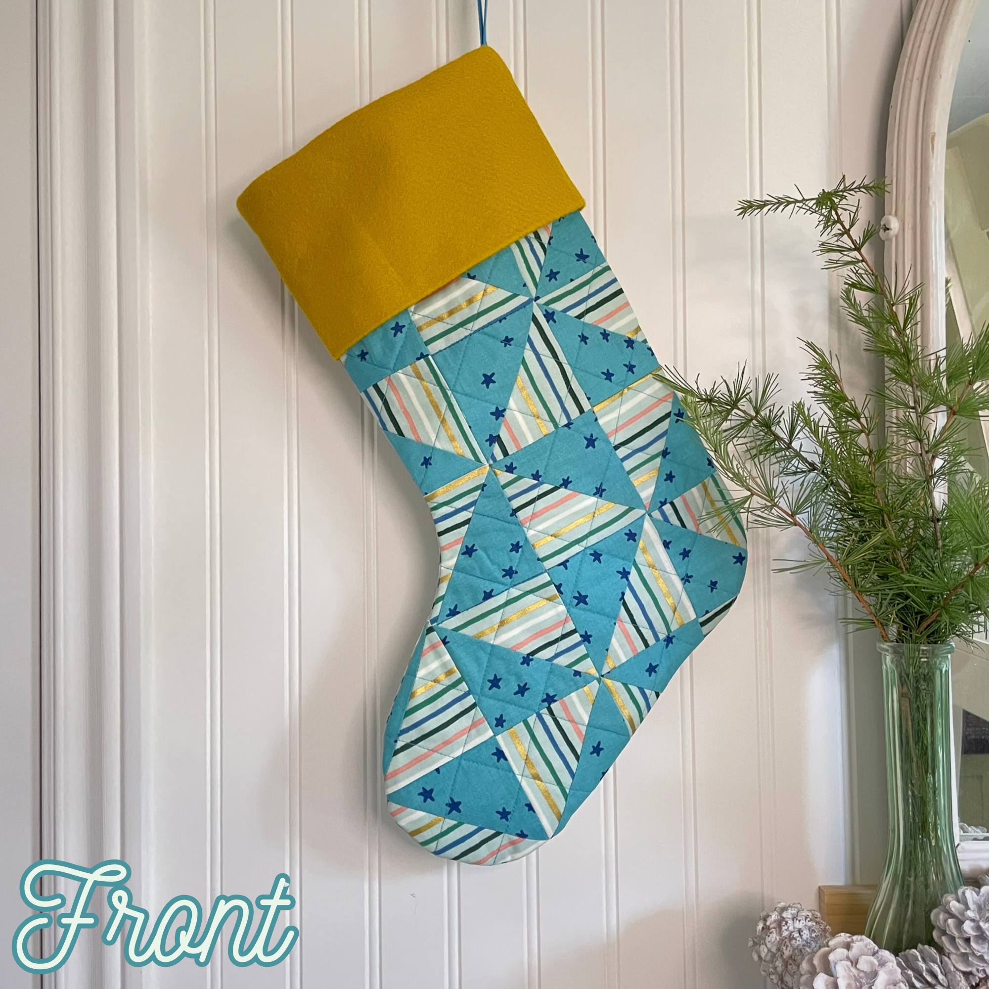 Handmade Christmas Stocking - Metallic Patches Blue Stars