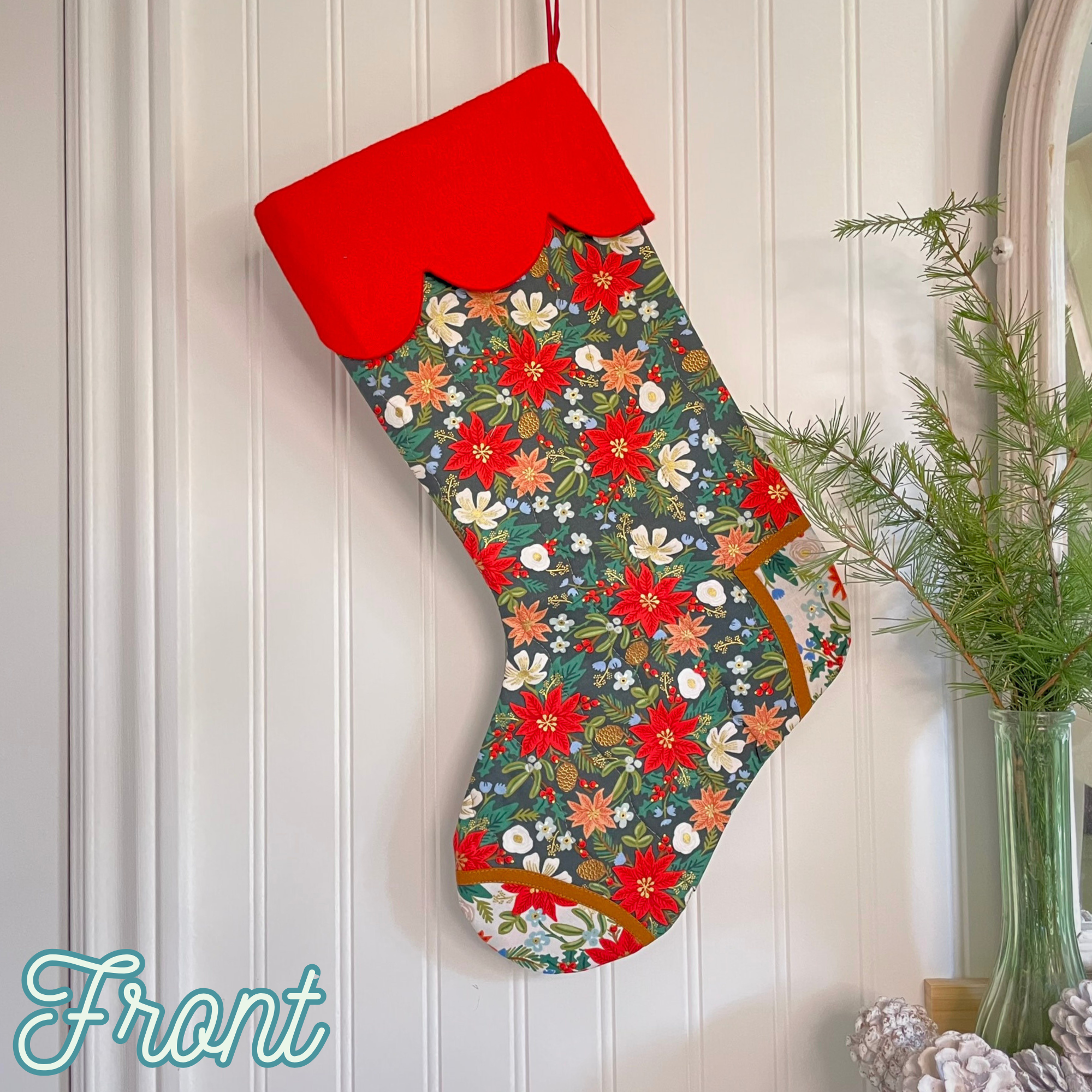 Handmade Christmas Stocking - Poinsettia Dark