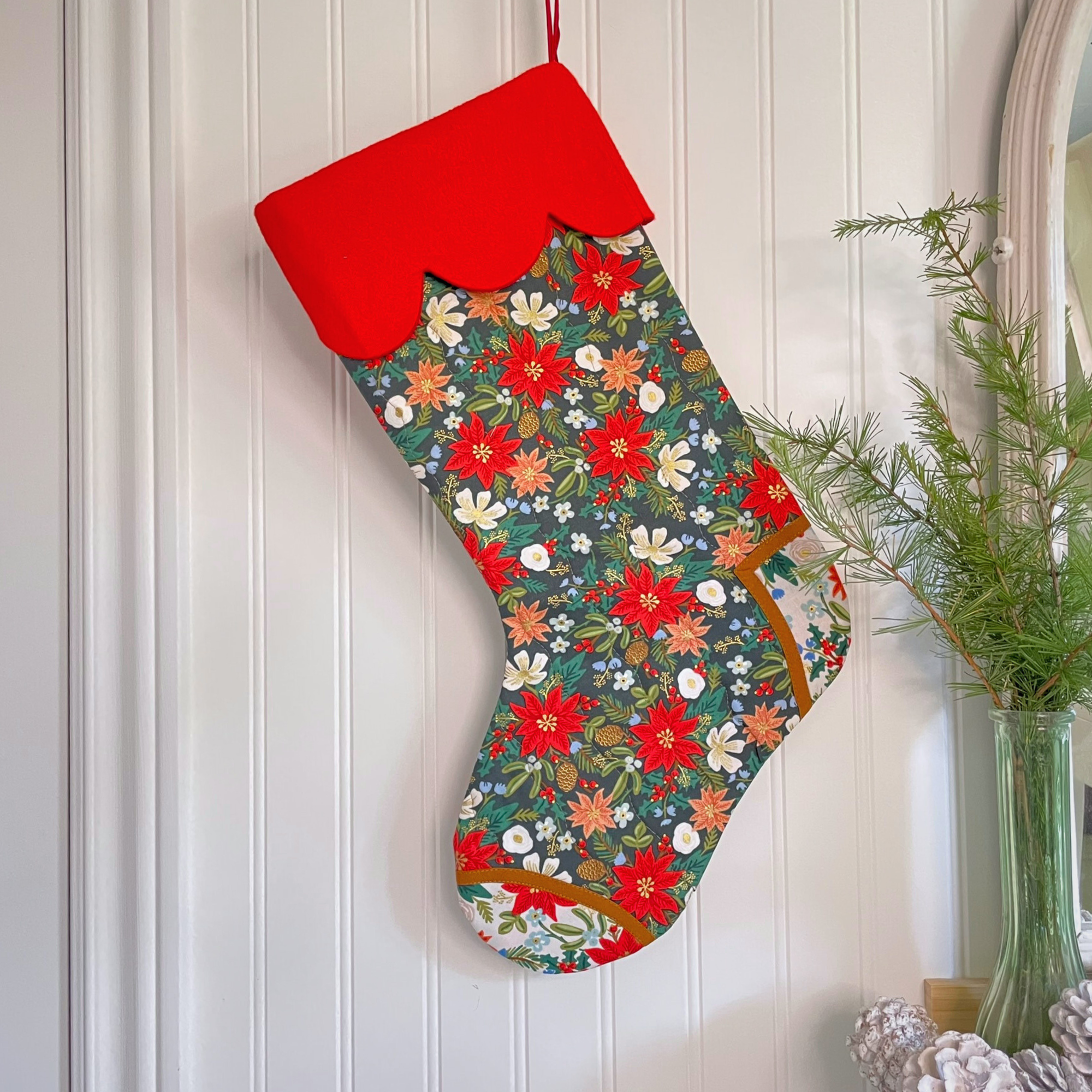 Handmade Christmas Stocking - Poinsettia Dark