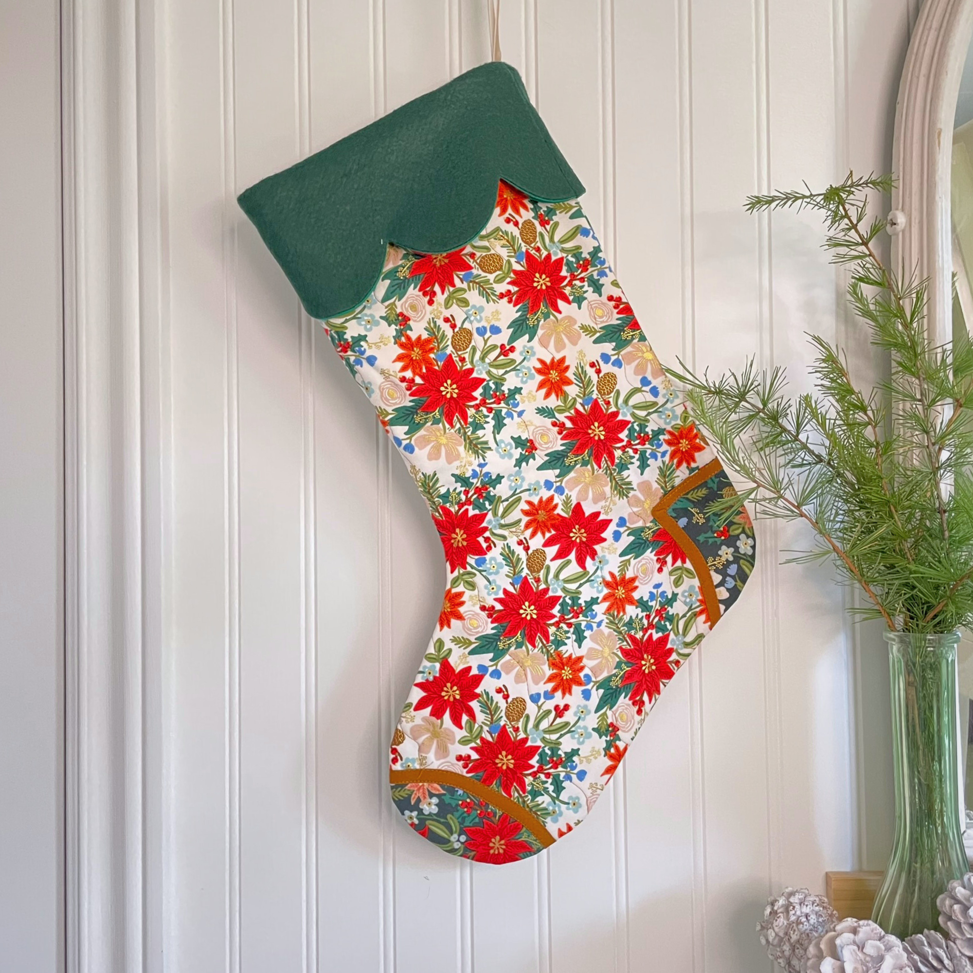 Handmade Christmas Stocking - Poinsettia Light