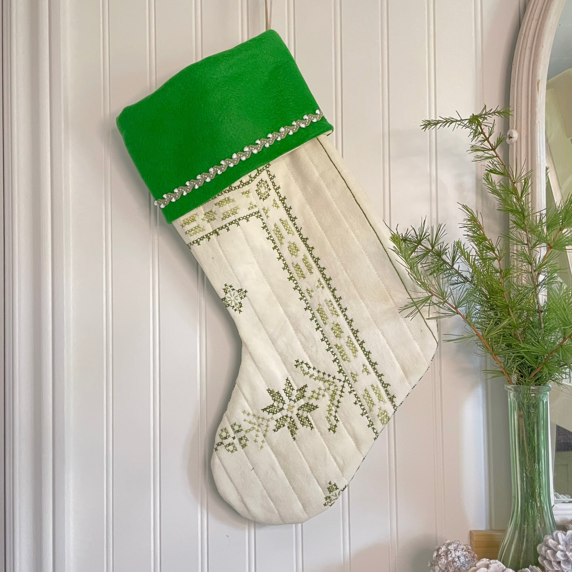 Handmade Christmas Stocking - Vintage Cross-Stitched in Green