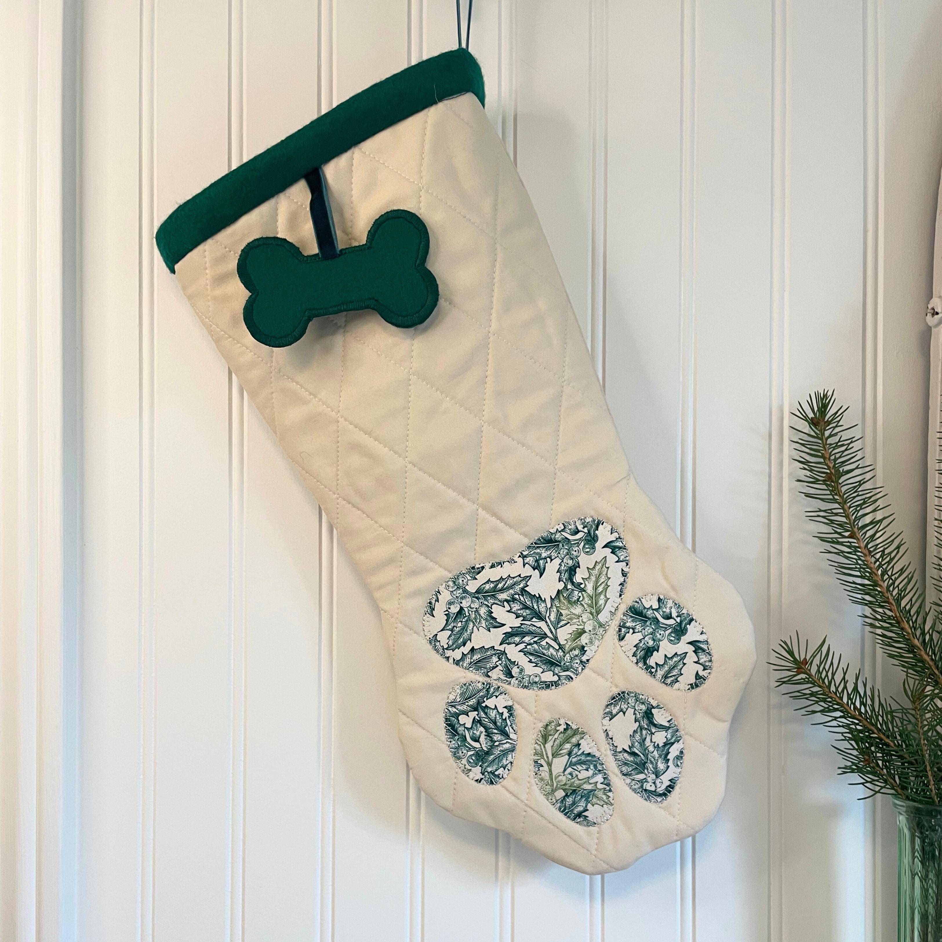 Quilted Patchwork Pet Christmas Stocking - Green Holly