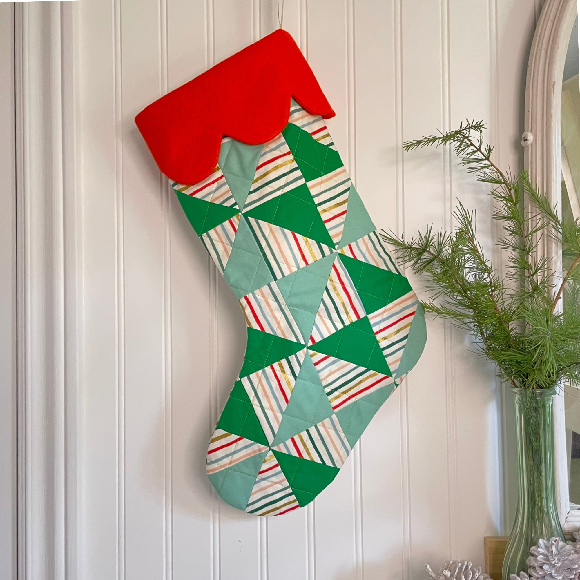Handmade Christmas Stocking - Metallic Patches Greens