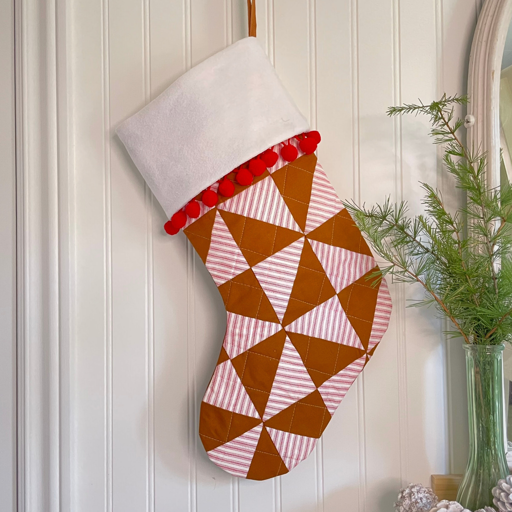Handmade Christmas Stocking - Gingerbread Poms & Stripes