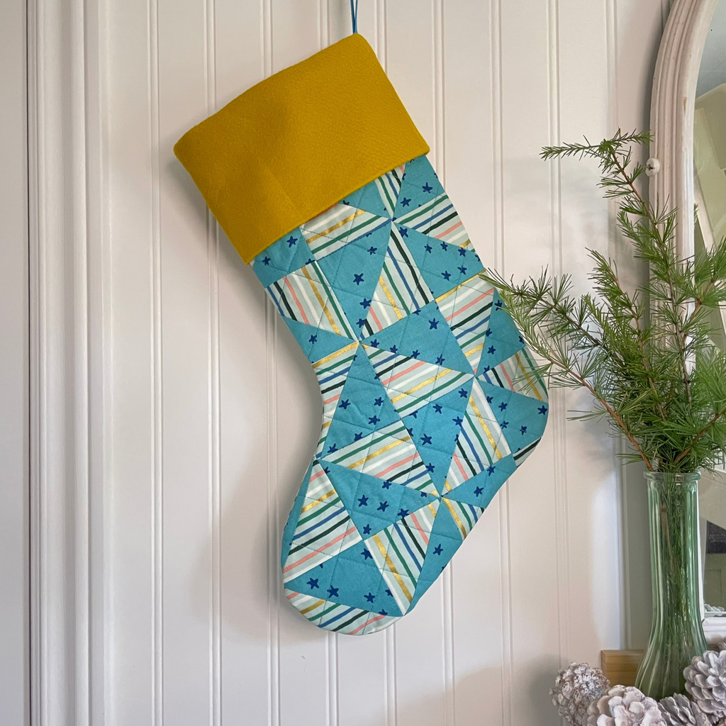 Handmade Christmas Stocking - Metallic Patches Blue Stars
