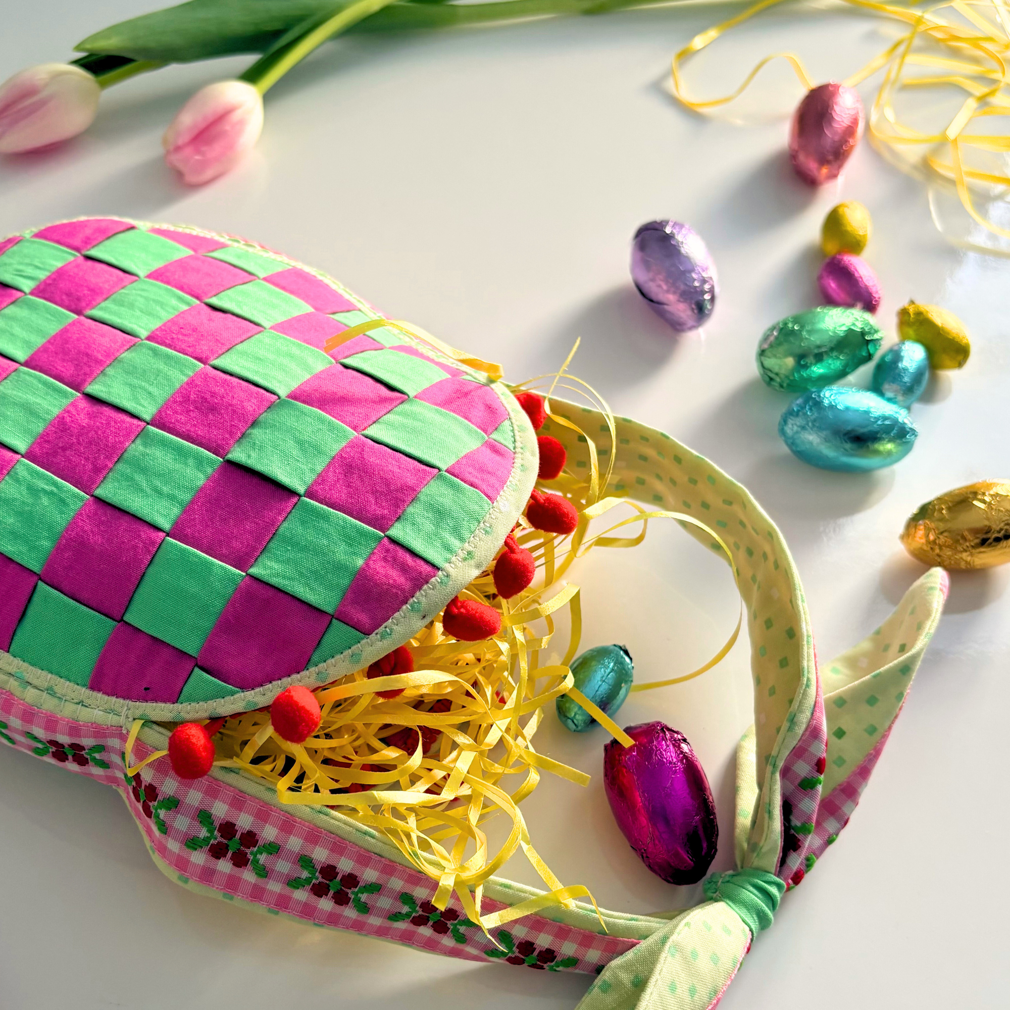 Handmade Woven Easter Basket - Pink and Green