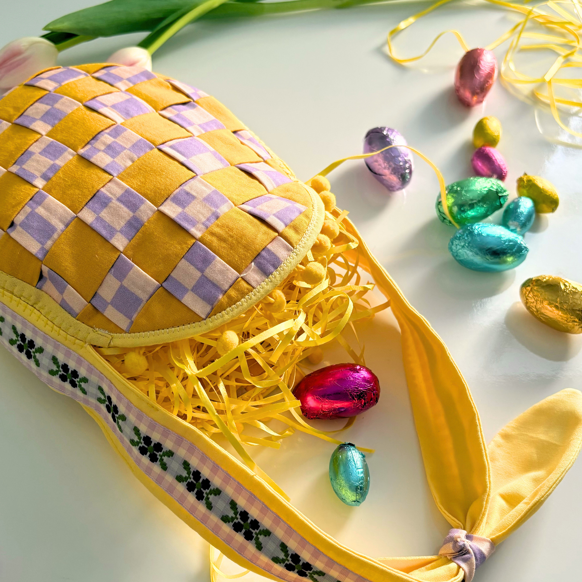 Handmade Woven Easter Basket - Yellow and Purple Check
