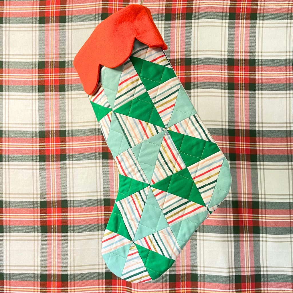 Handmade Christmas Stocking - Metallic Patches Greens