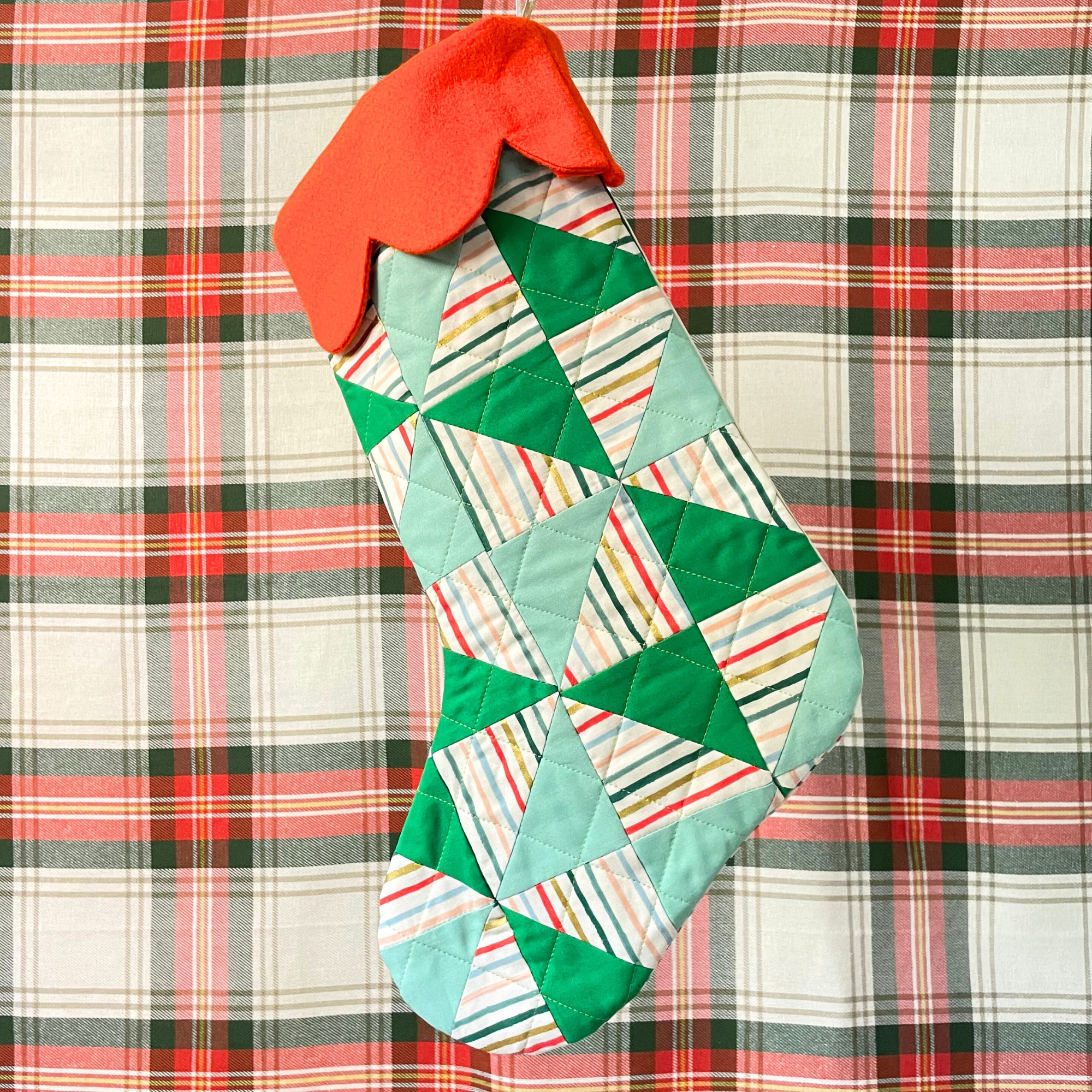 Handmade Christmas Stocking - Metallic Patches Greens