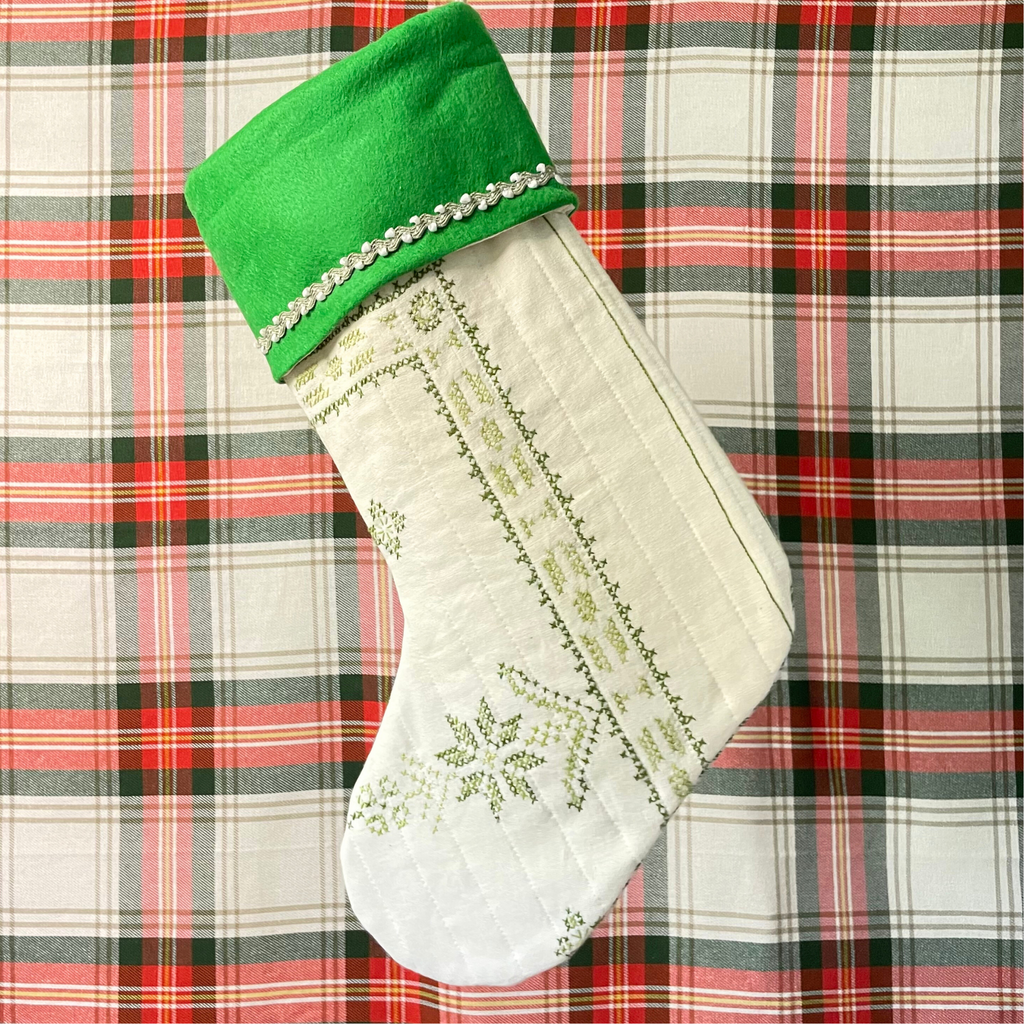 Handmade Christmas Stocking - Vintage Cross-Stitched in Green