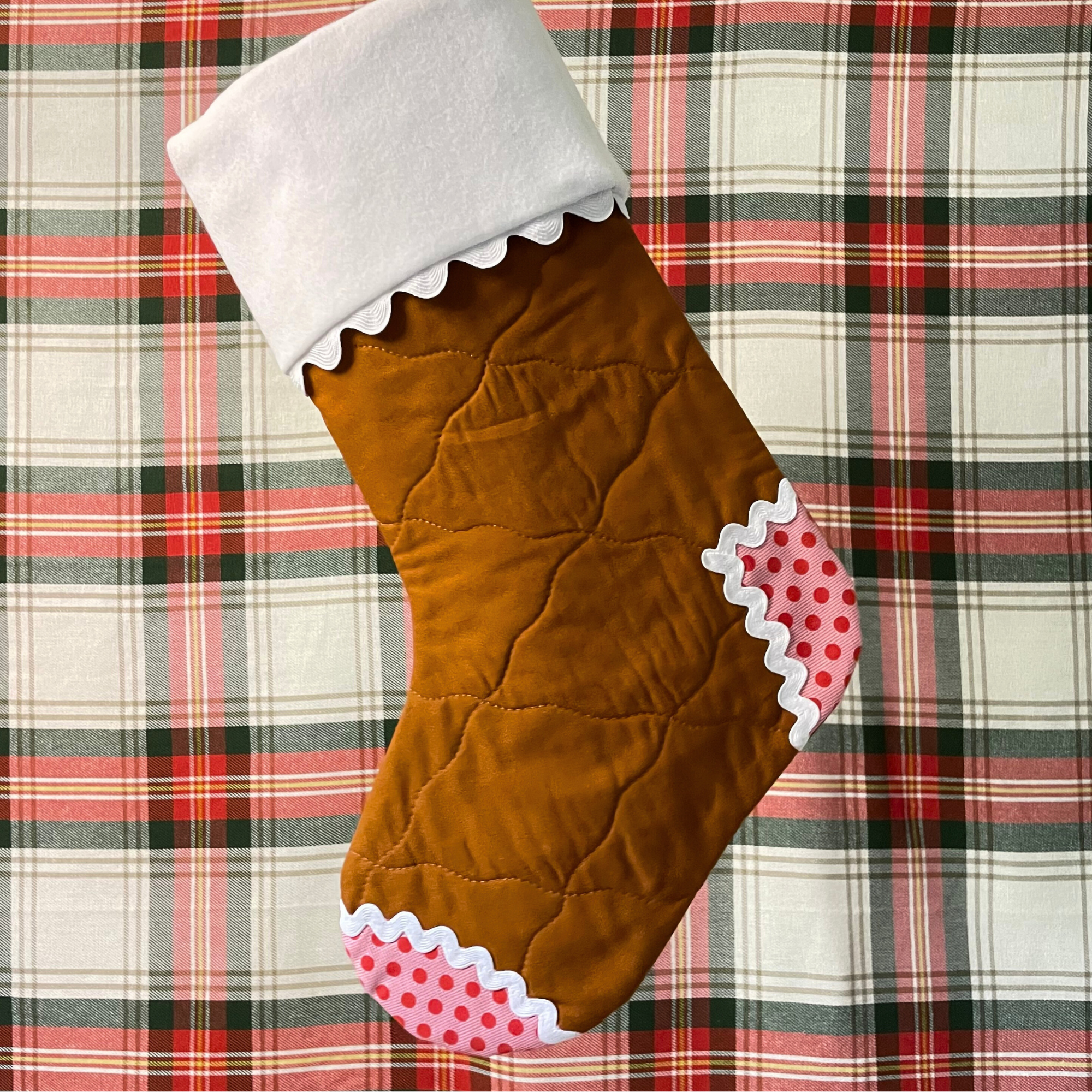 Handmade Christmas Stocking - Gingerbread Red Dots