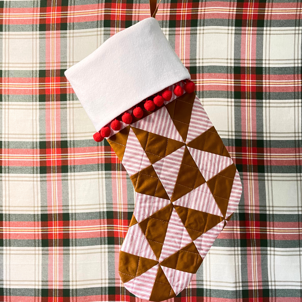 Handmade Christmas Stocking - Gingerbread Poms & Stripes