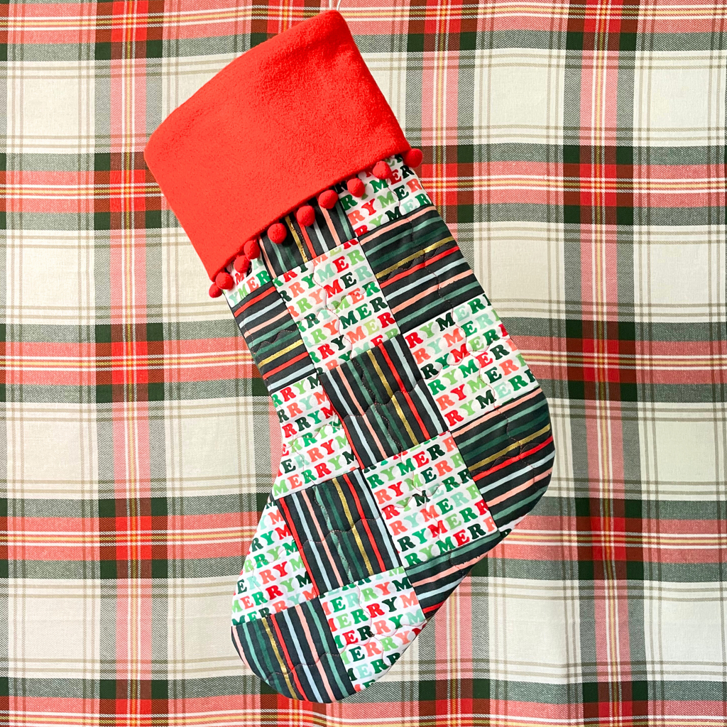 Handmade Christmas Stocking - Metallic Patches Merry