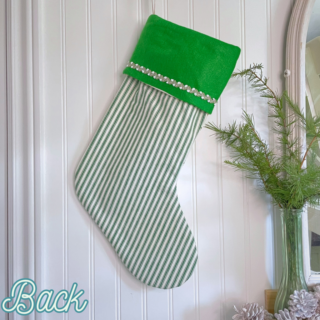 Handmade Christmas Stocking - Vintage Cross-Stitched in Green