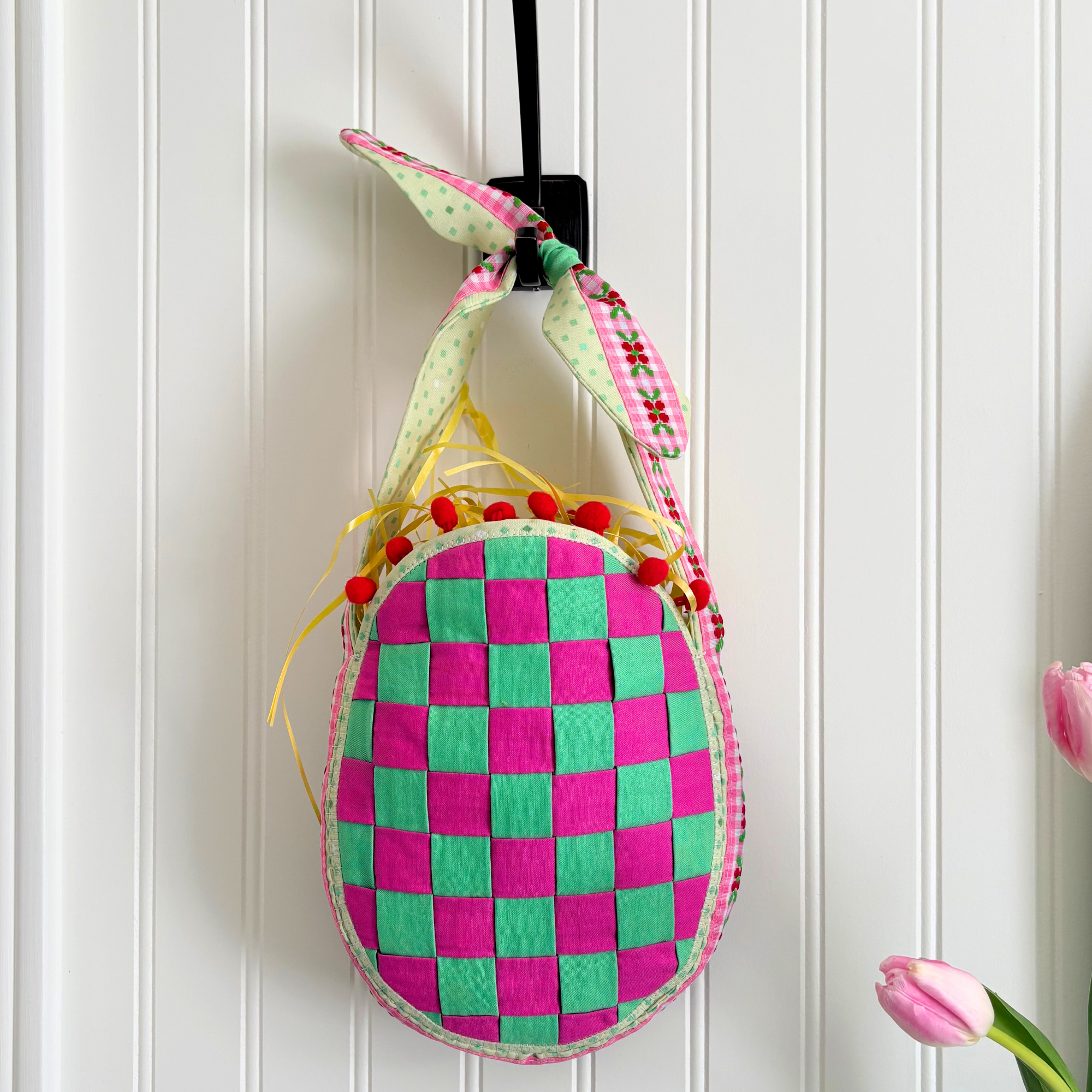 Handmade Woven Easter Basket - Pink and Green