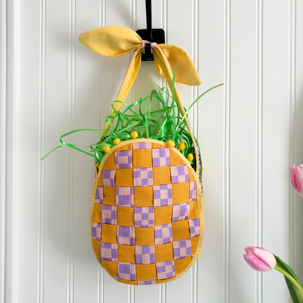 Handmade Woven Easter Basket - Yellow and Purple Check