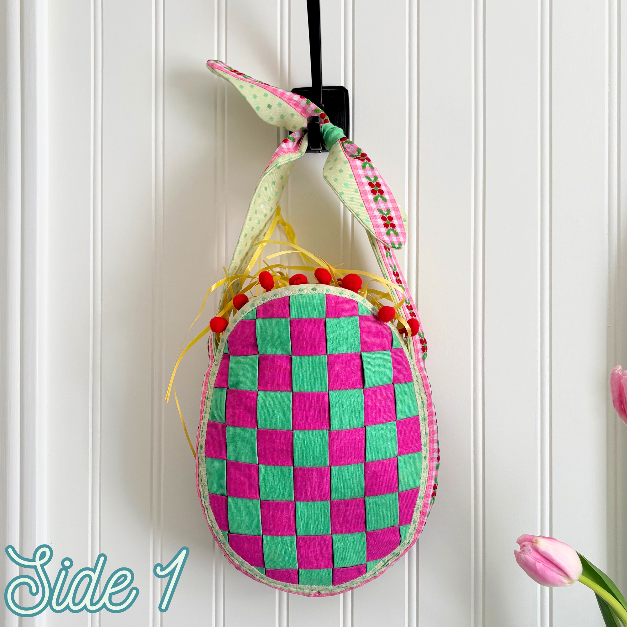 Handmade Woven Easter Basket - Pink and Green