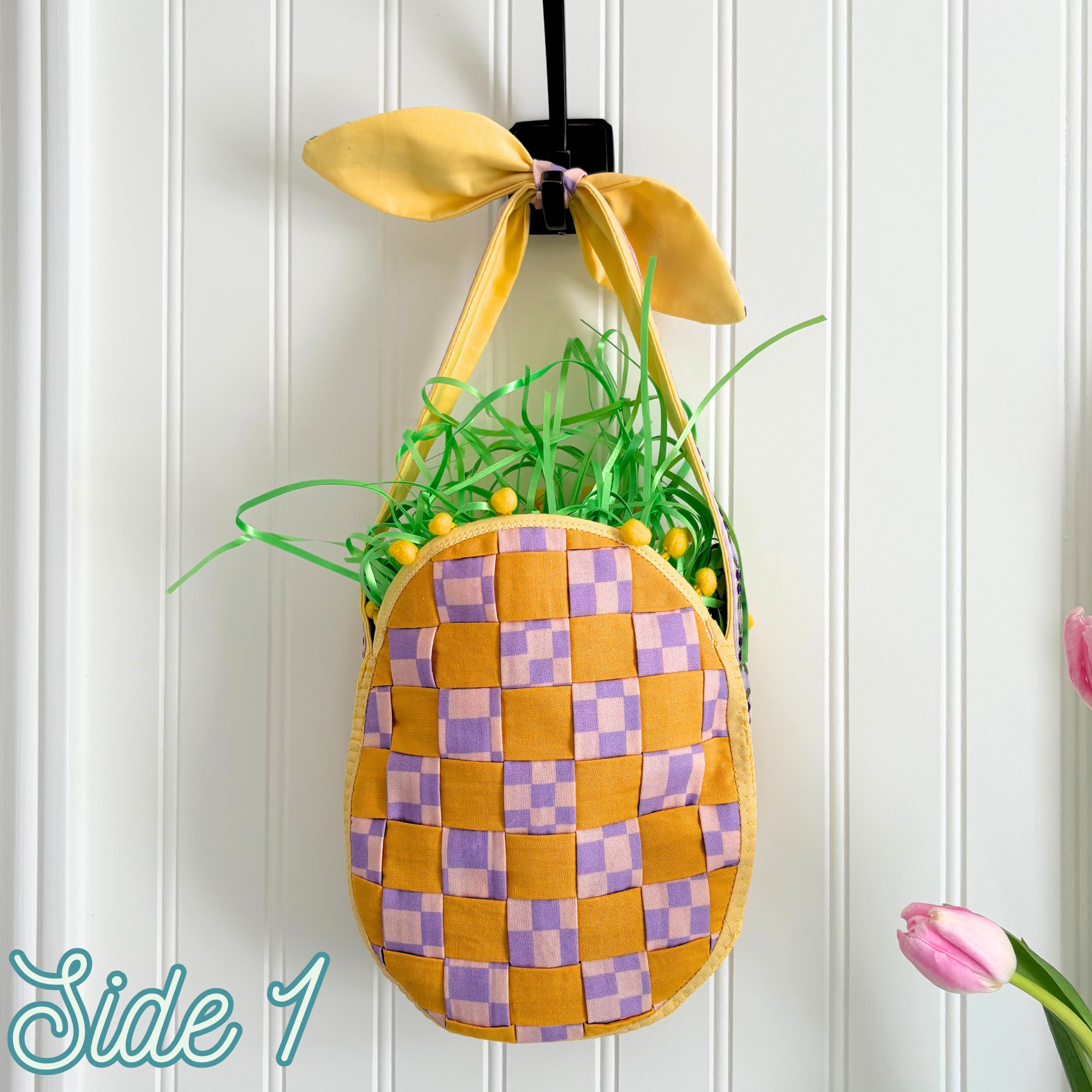 Handmade Woven Easter Basket - Yellow and Purple Check