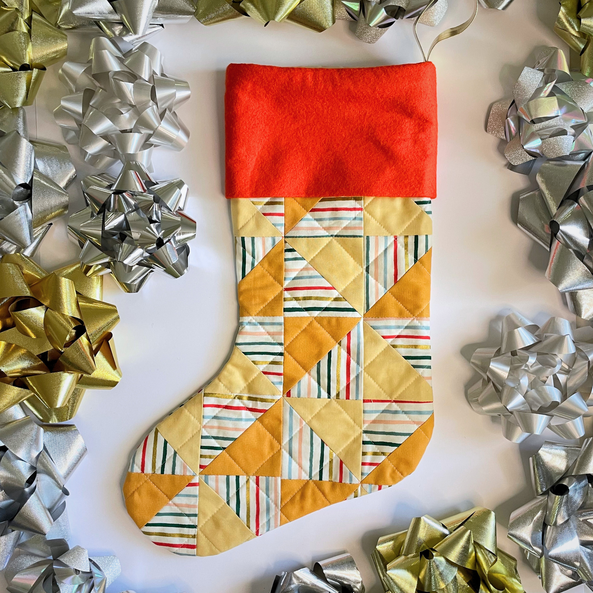 Handmade Christmas Stocking - Metallic Patches Yellows