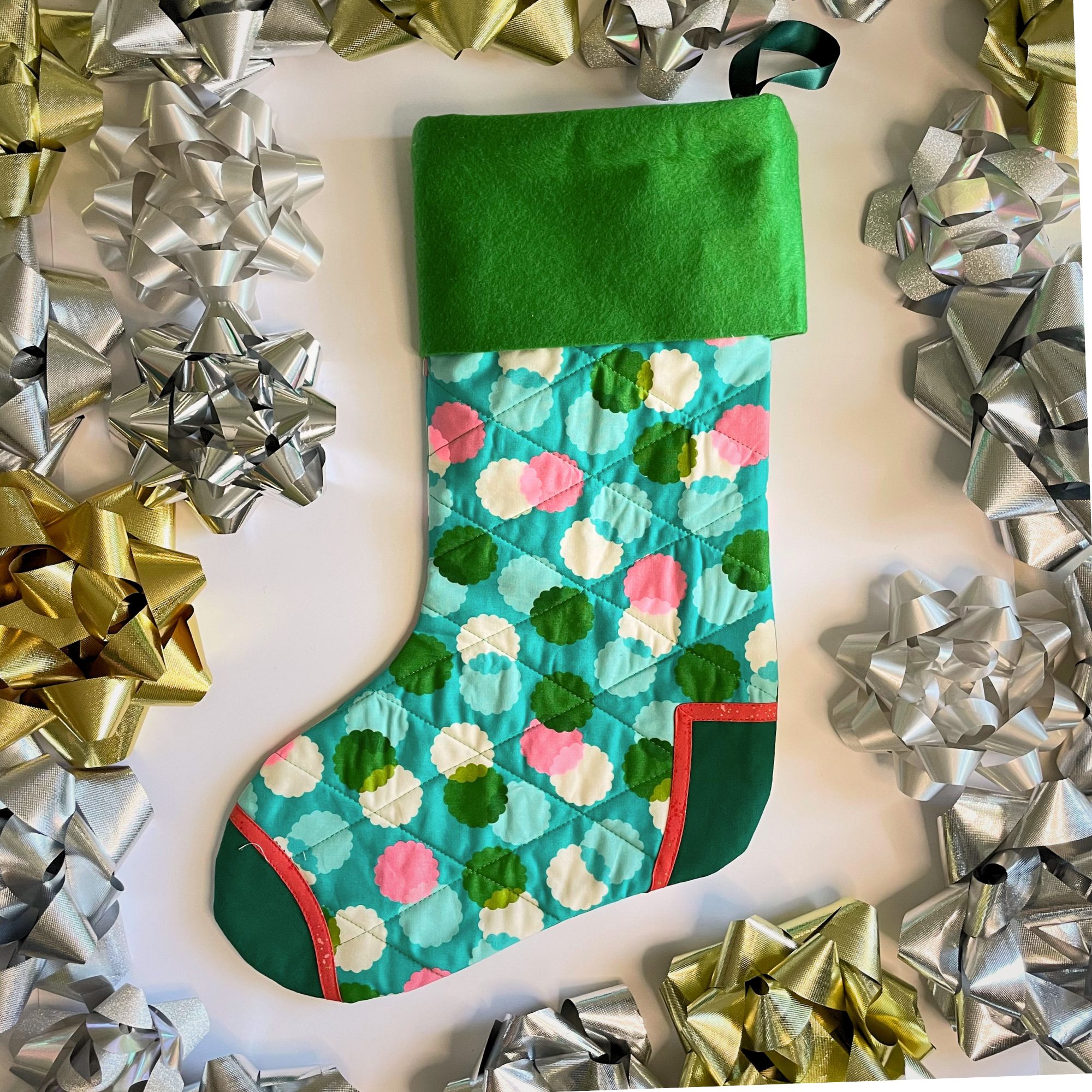 Handmade Christmas Stocking - Green Puffs