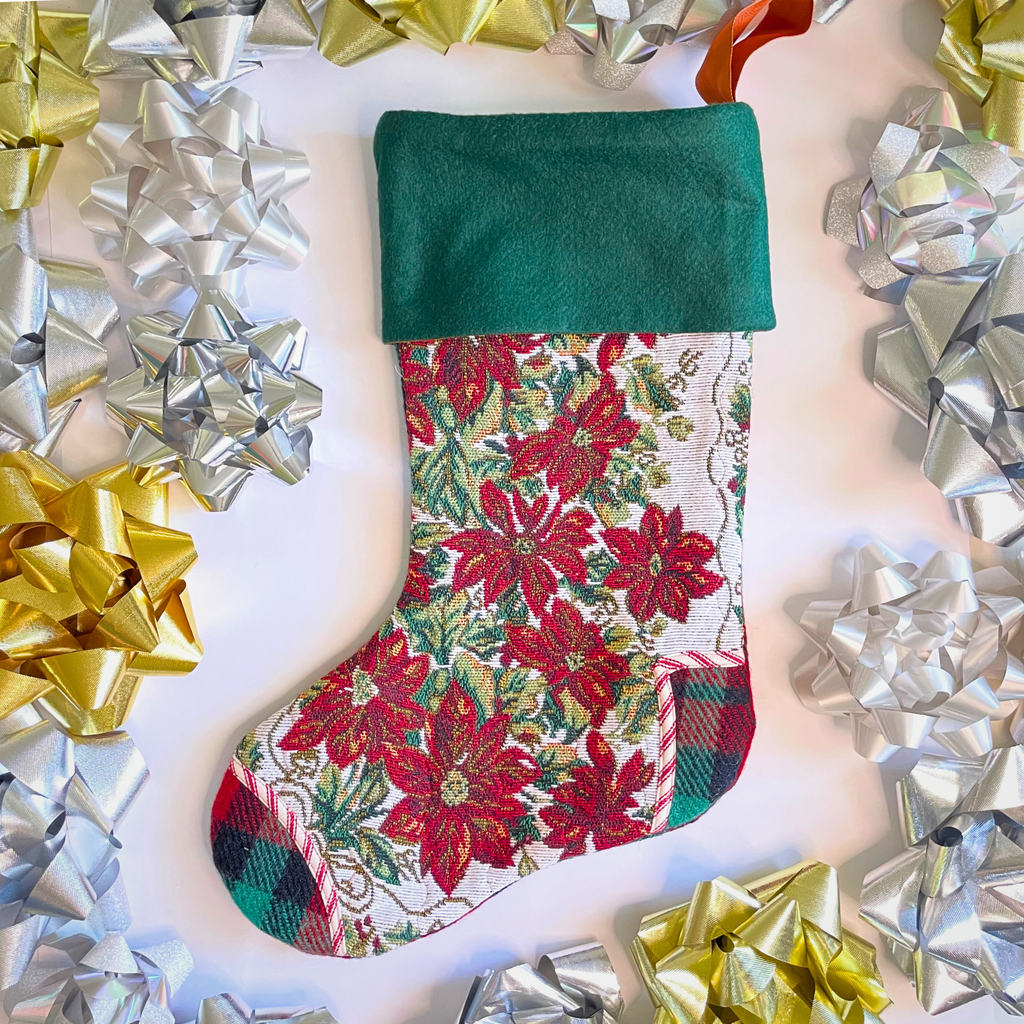 Handmade Christmas Stocking -Vintage Poinsettia & Plaid