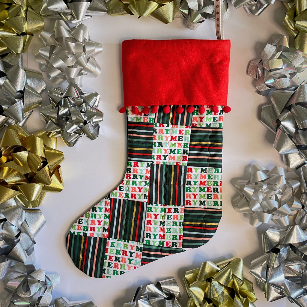 Handmade Christmas Stocking - Metallic Patches Merry