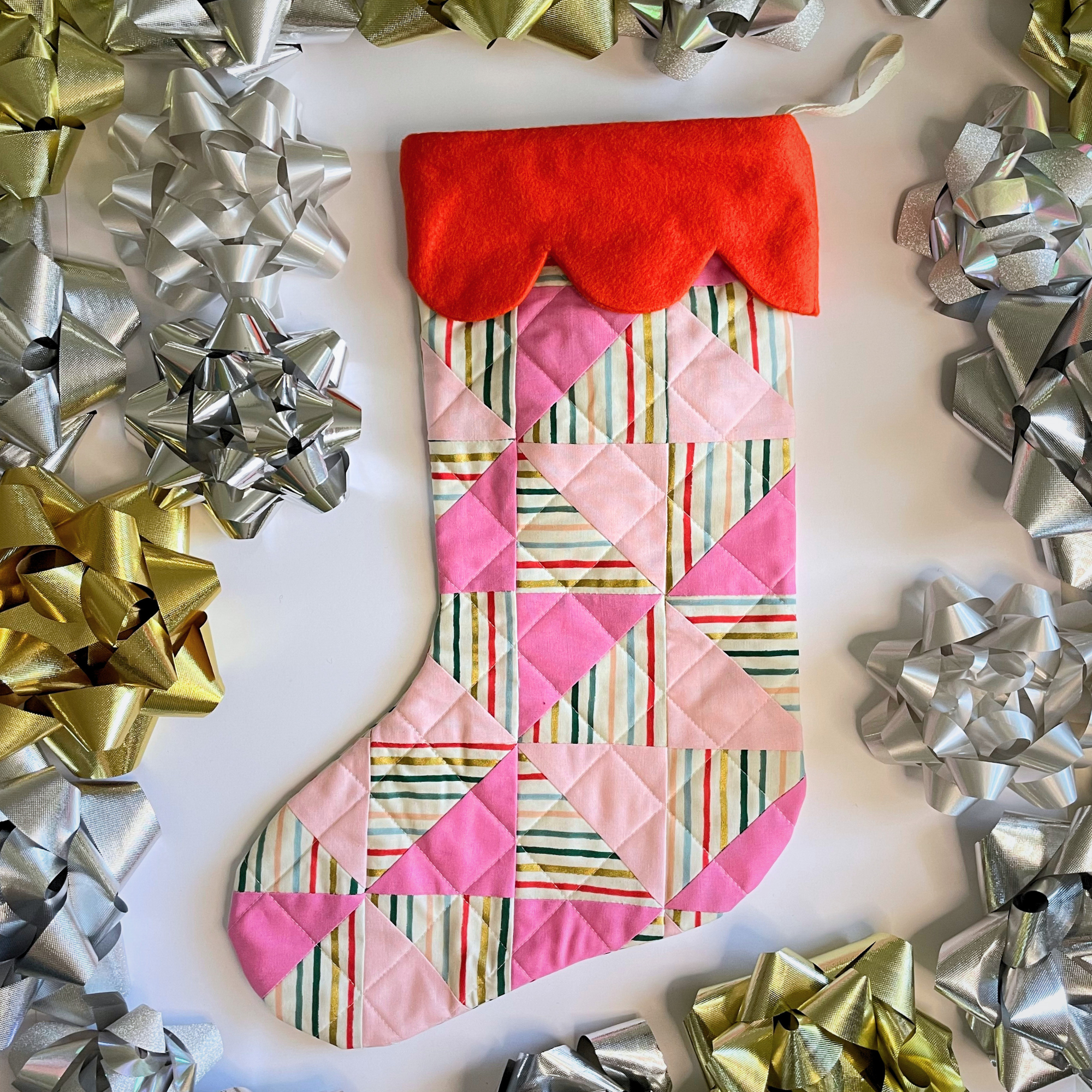 Handmade Christmas Stocking - Metallic Patches Pinks