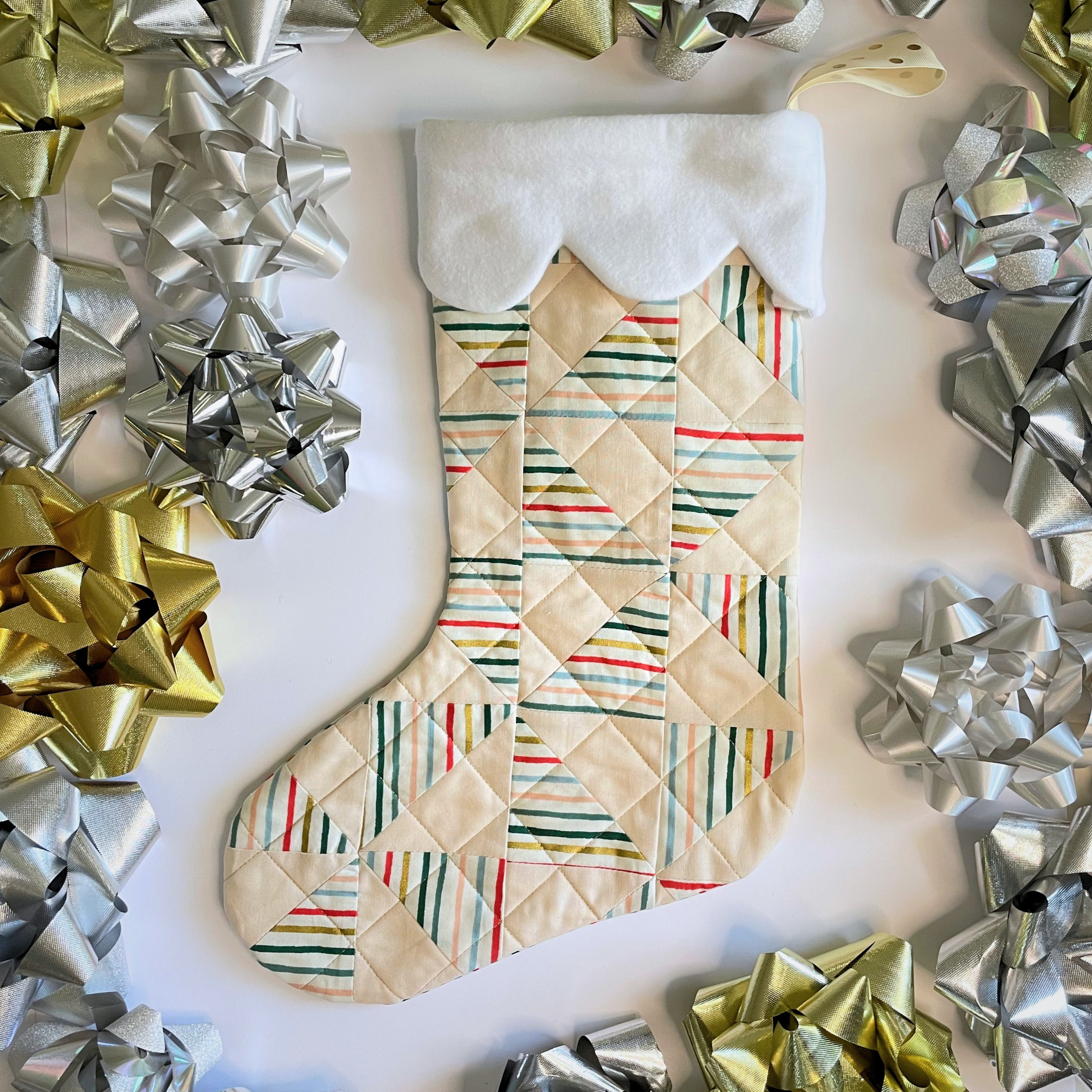 Handmade Christmas Stocking - Metallic Patches Cream