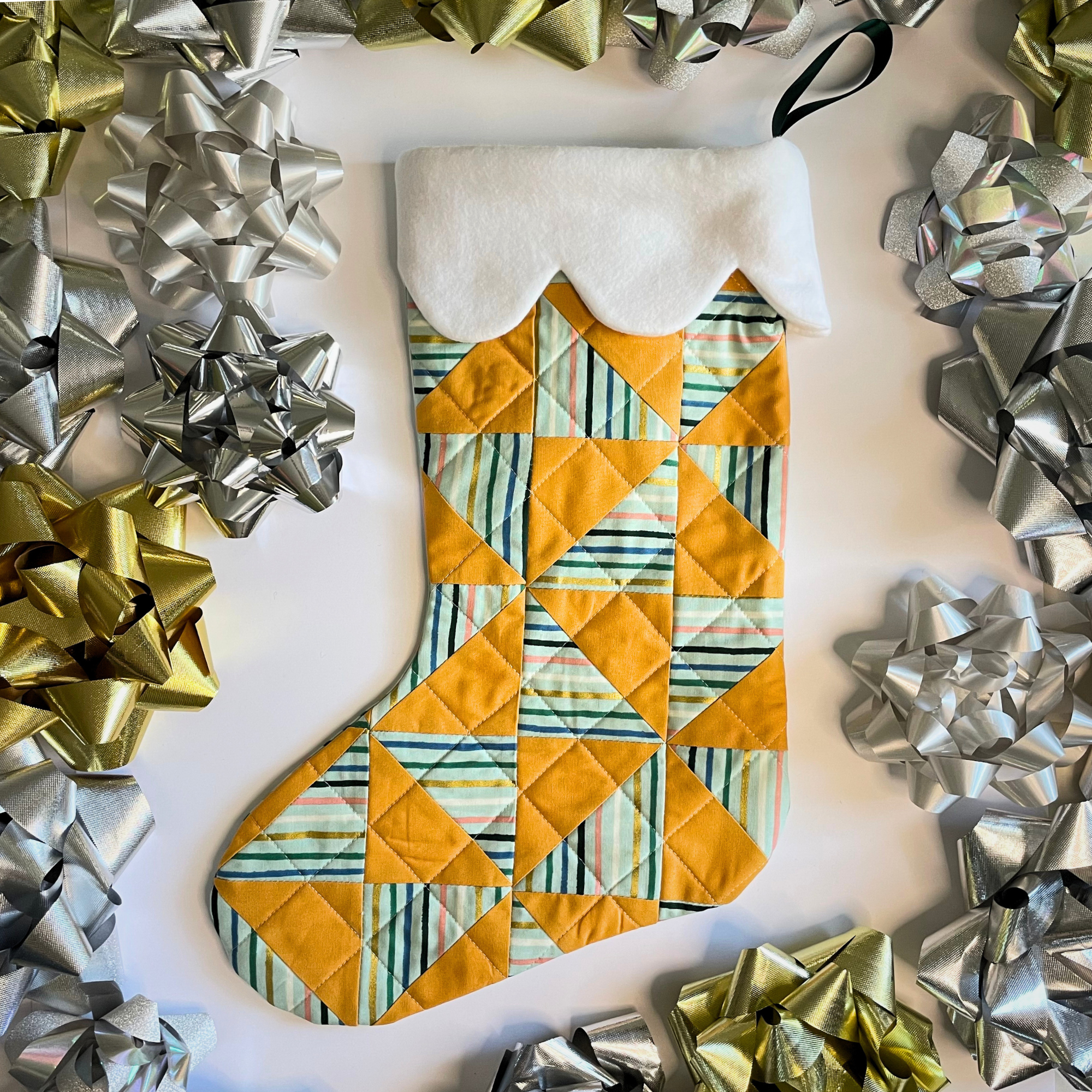 Handmade Christmas Stocking - Metallic Patches Goldenrod