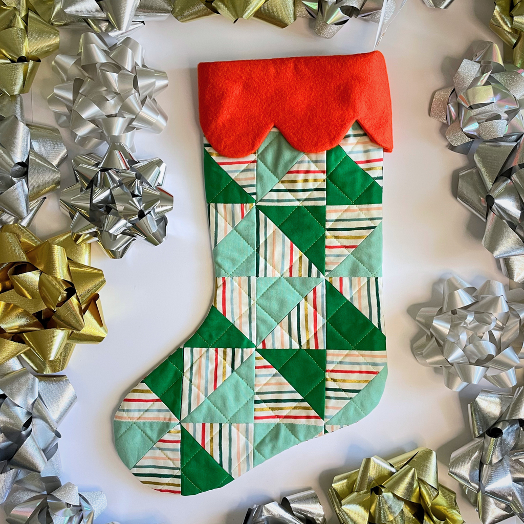 Handmade Christmas Stocking - Metallic Patches Greens