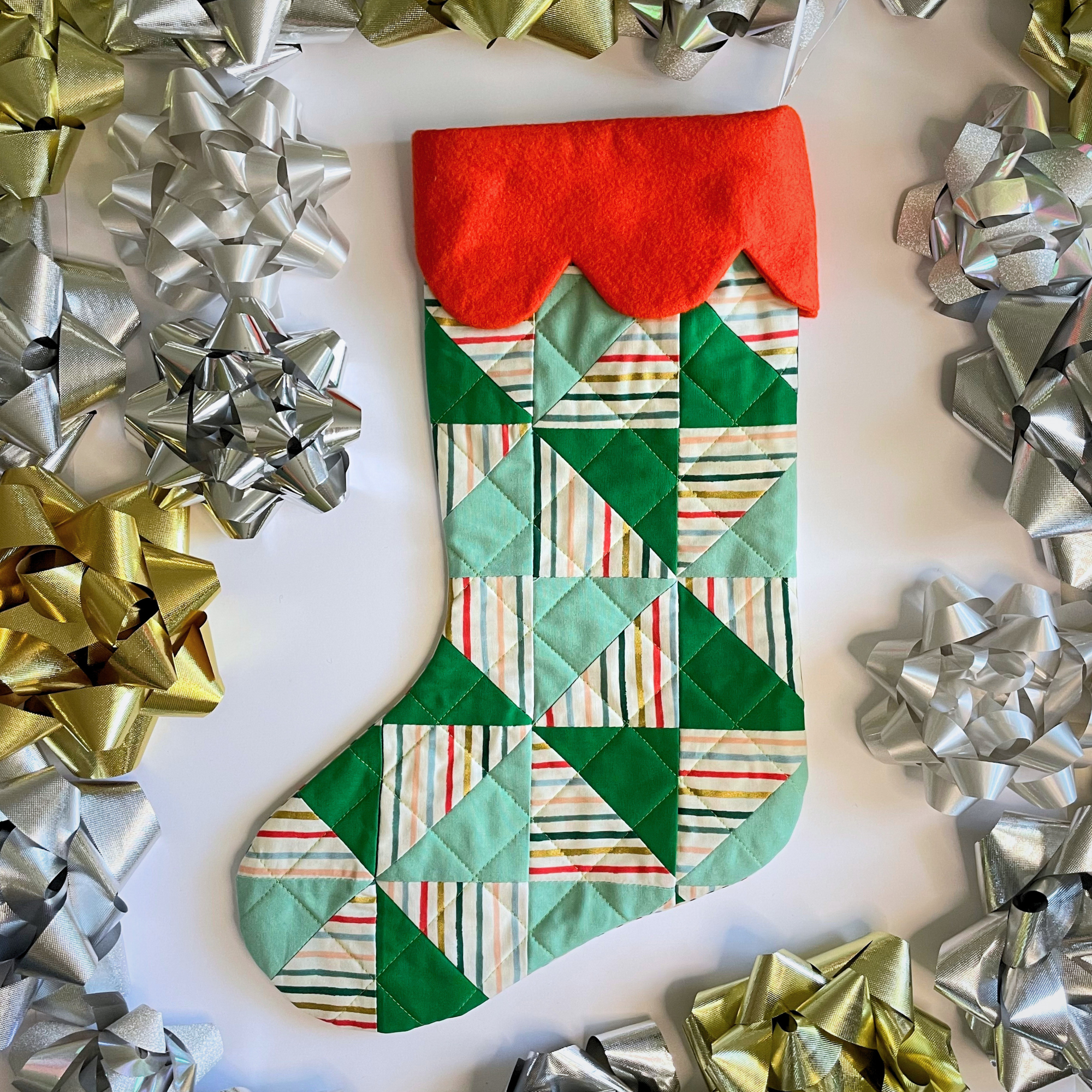 Handmade Christmas Stocking - Metallic Patches Greens