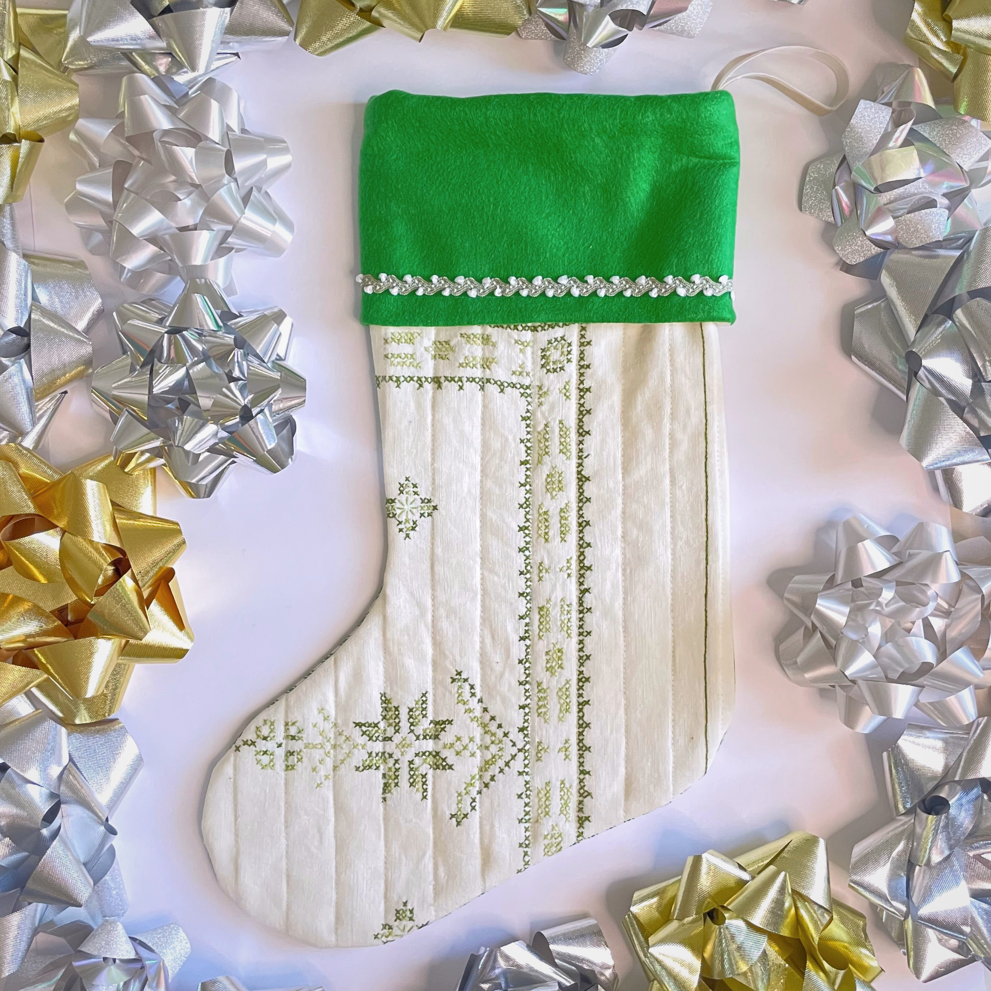 Handmade Christmas Stocking - Vintage Cross-Stitched in Green