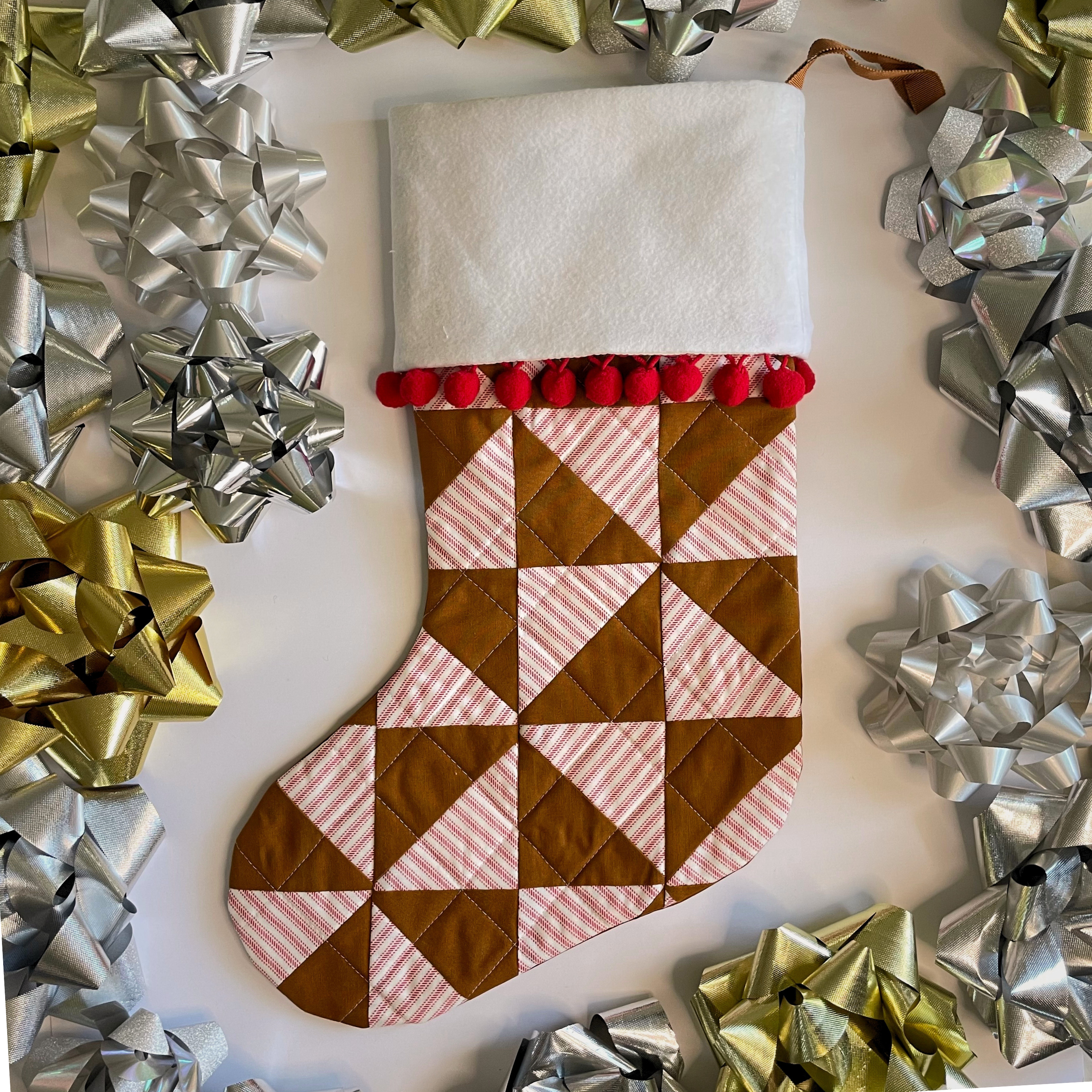 Handmade Christmas Stocking - Gingerbread Poms & Stripes