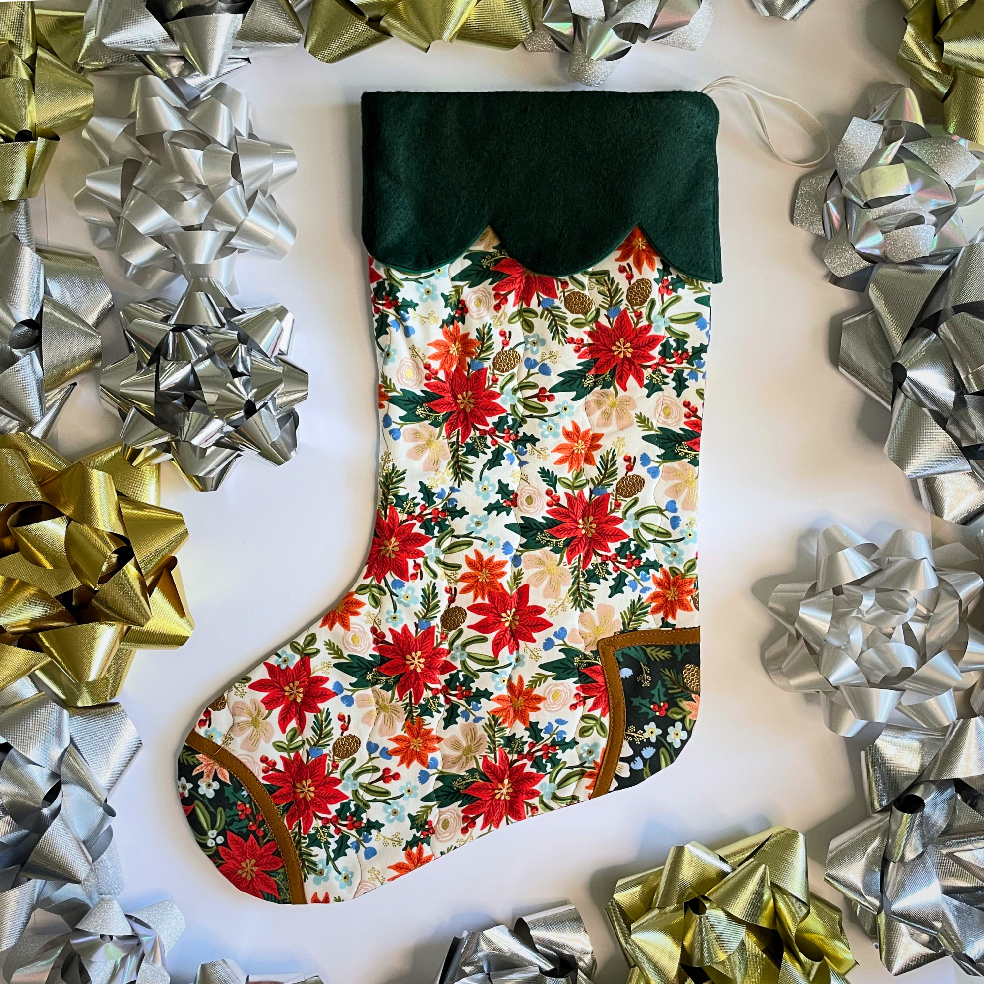 Handmade Christmas Stocking - Poinsettia Light