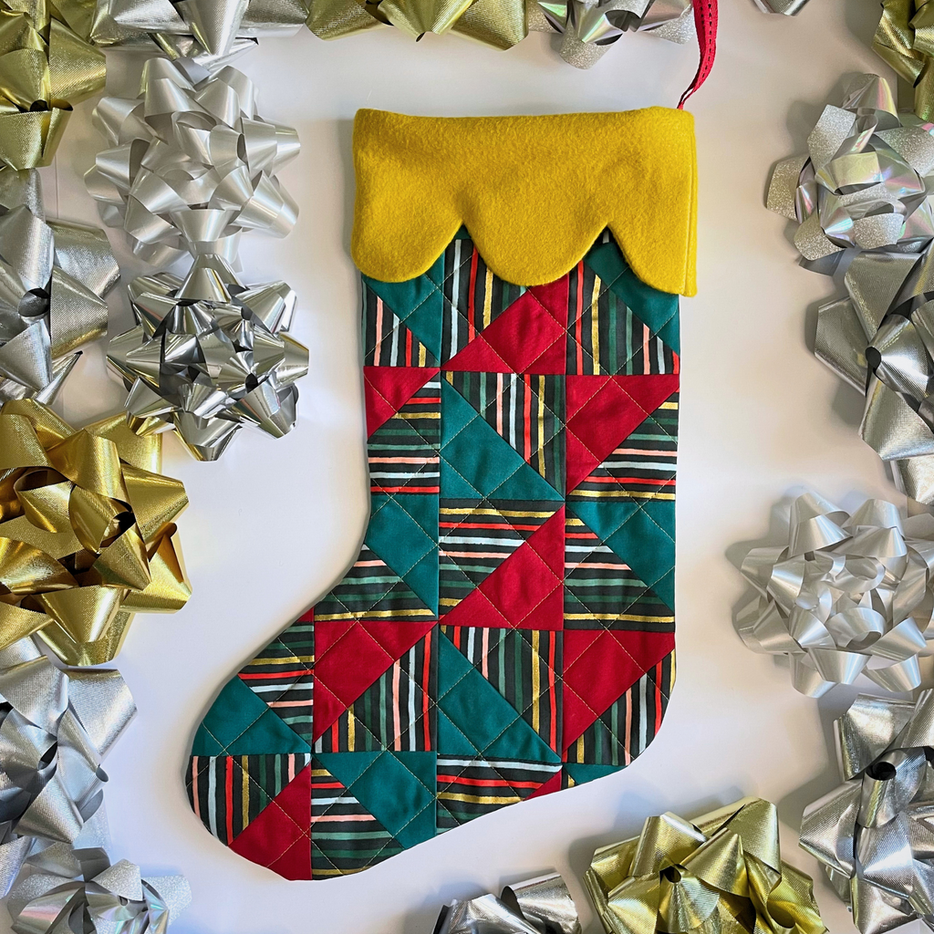 Handmade Christmas Stocking - Metallic Patches Dark