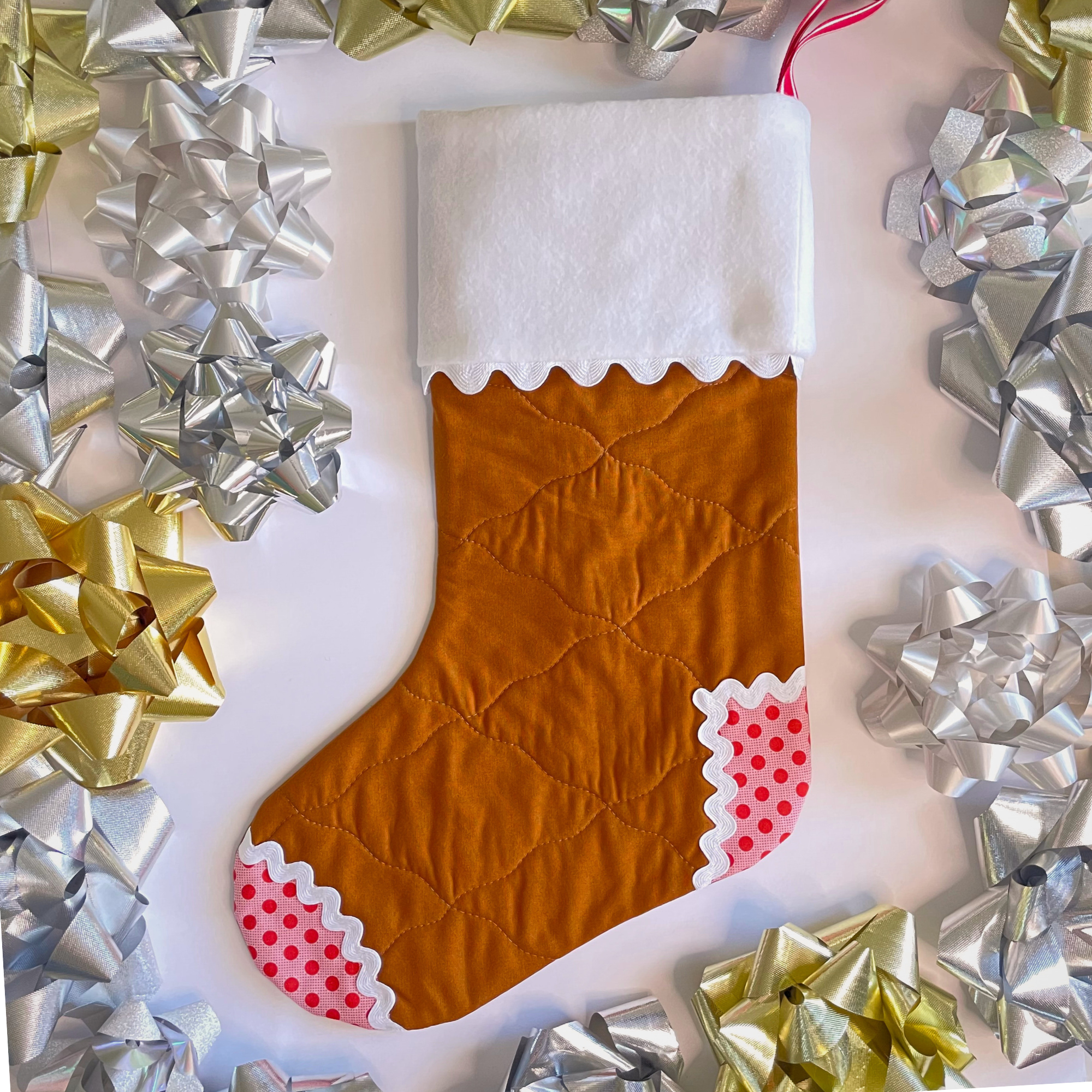 Handmade Christmas Stocking - Gingerbread Red Dots