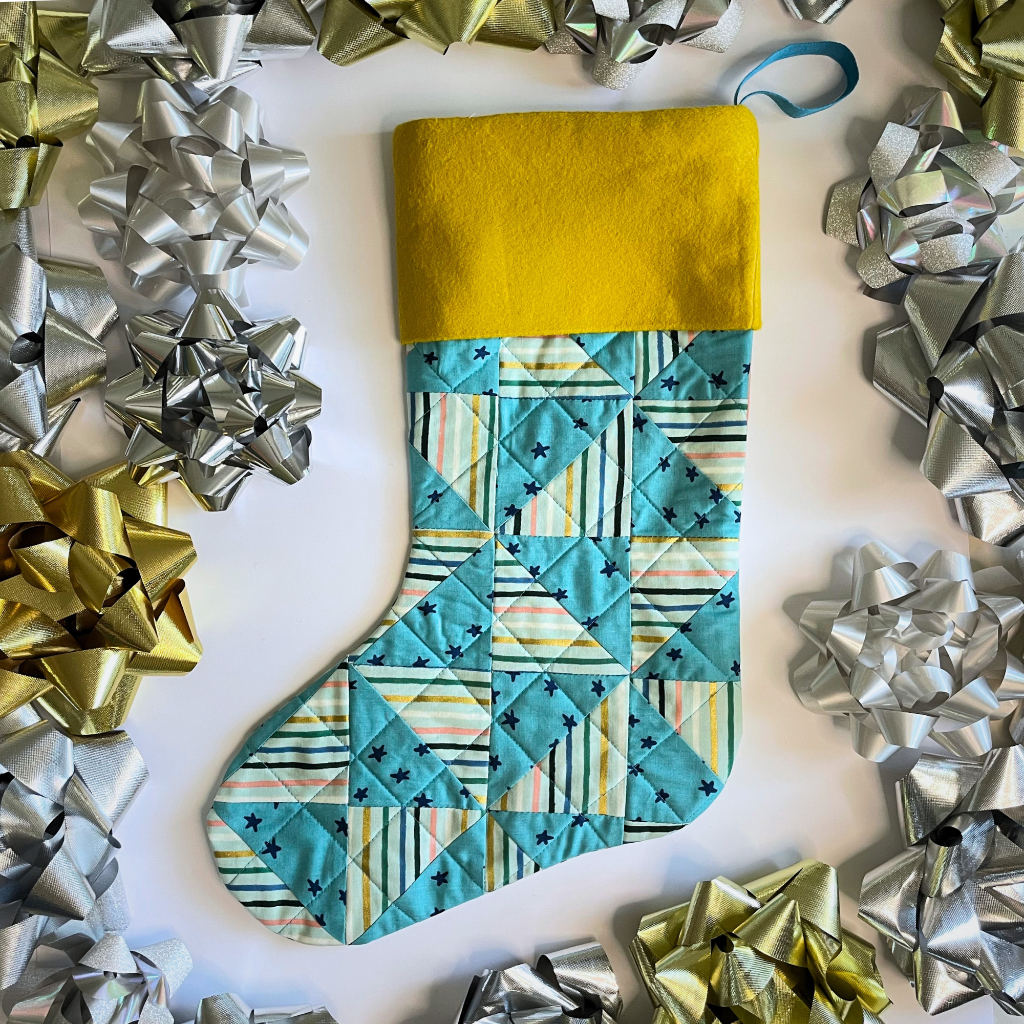 Handmade Christmas Stocking - Metallic Patches Blue Stars