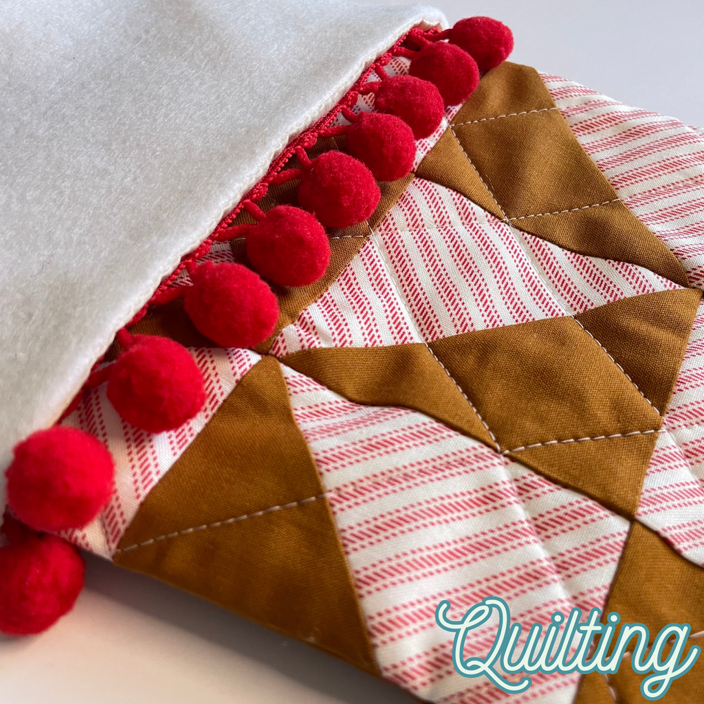 Handmade Christmas Stocking - Gingerbread Poms & Stripes