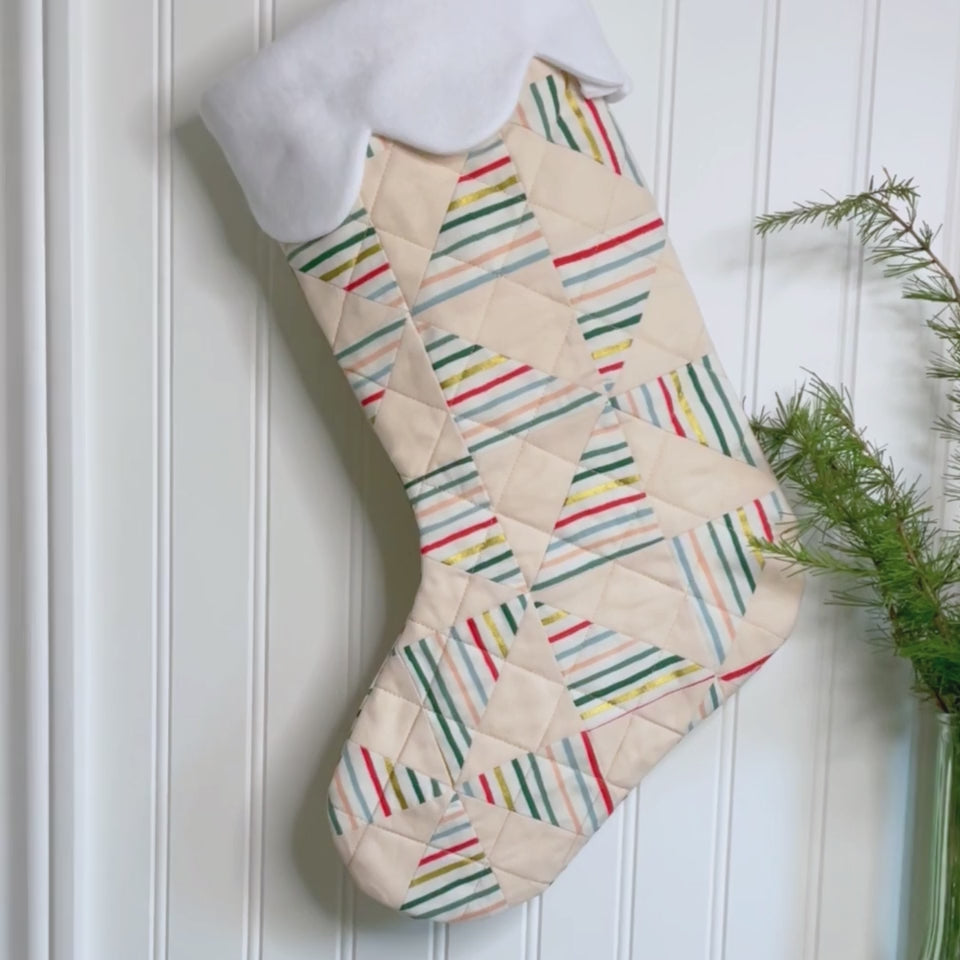 Handmade Christmas Stocking - Metallic Patches Cream