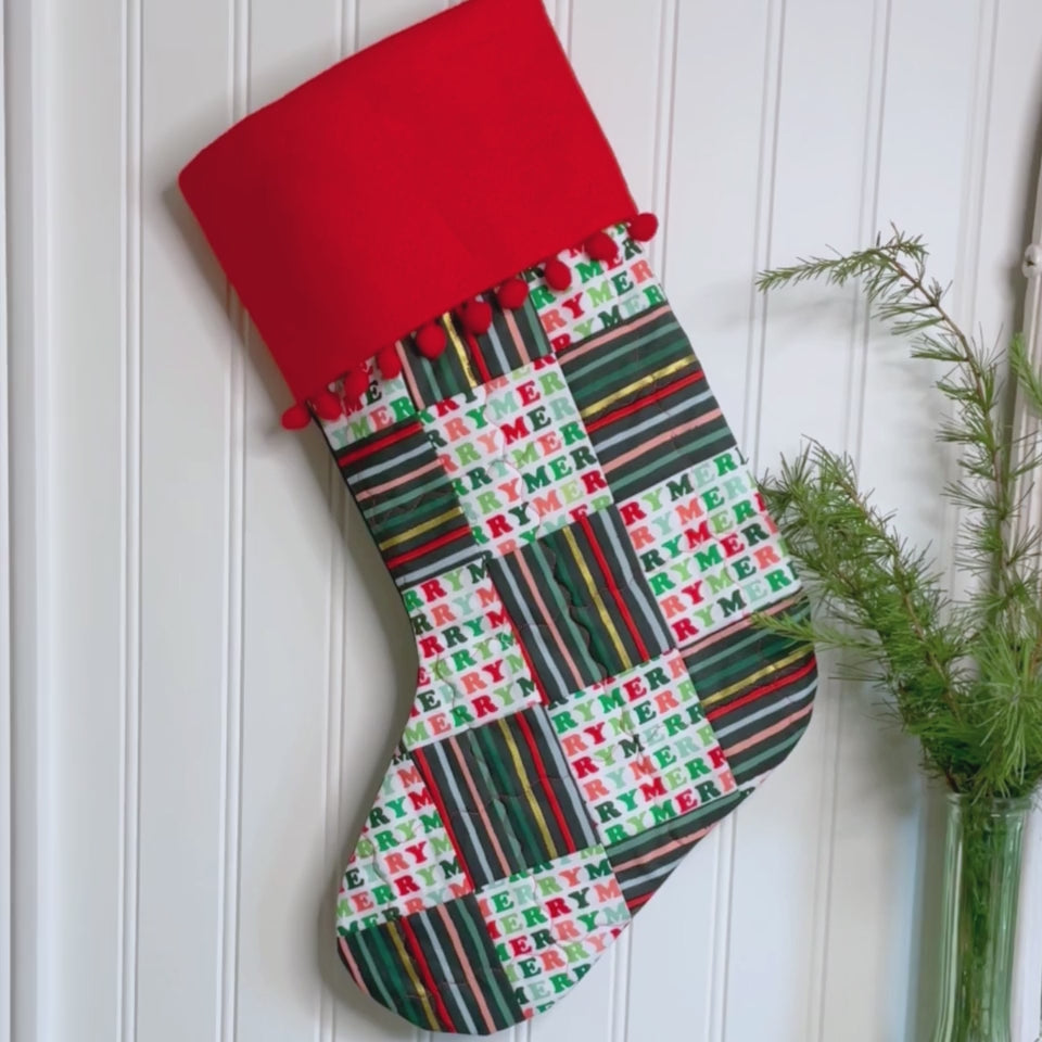 Handmade Christmas Stocking - Metallic Patches Merry